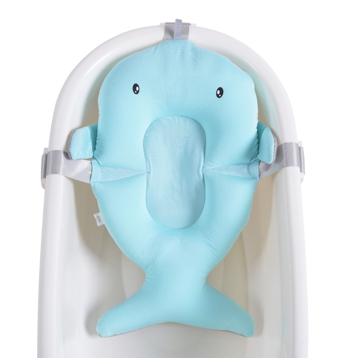 Hellblaue Baby-Badewanne mit Wal-förmiger Auflage und Gurten.