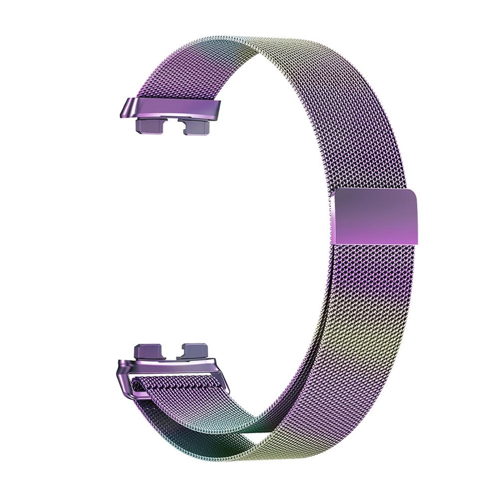 Ein schillerndes Metallarmband mit Magnetverschluss und Adapter.