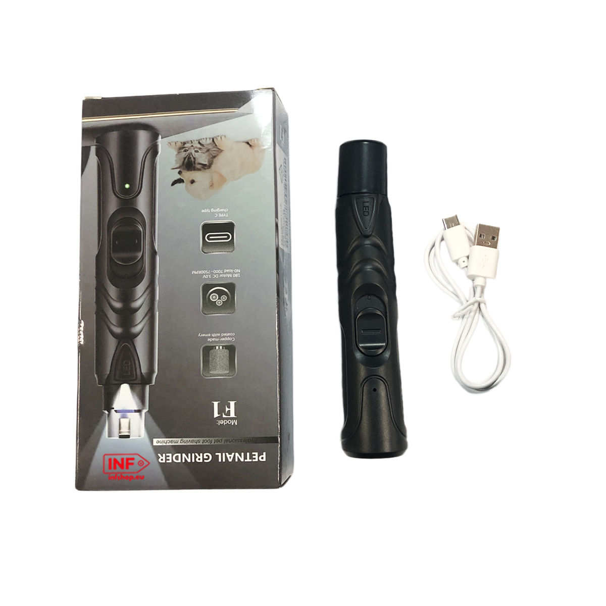Schwarzer Haustier-Nagelknipser mit USB-Kabel und Verpackung.