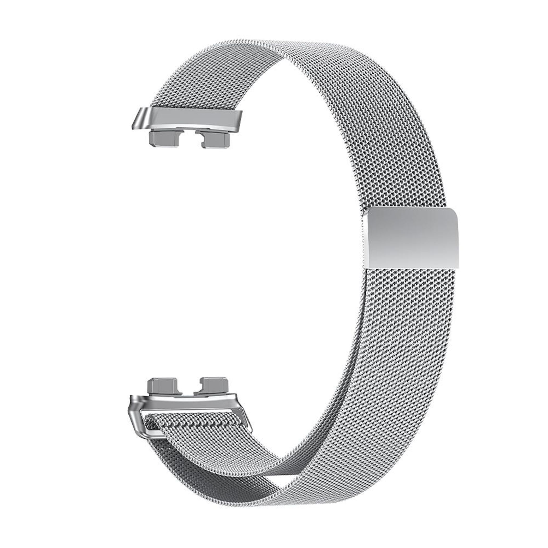 Ein silbernes Milanaise-Uhrenarmband mit Magnetverschluss auf weißem Hintergrund.