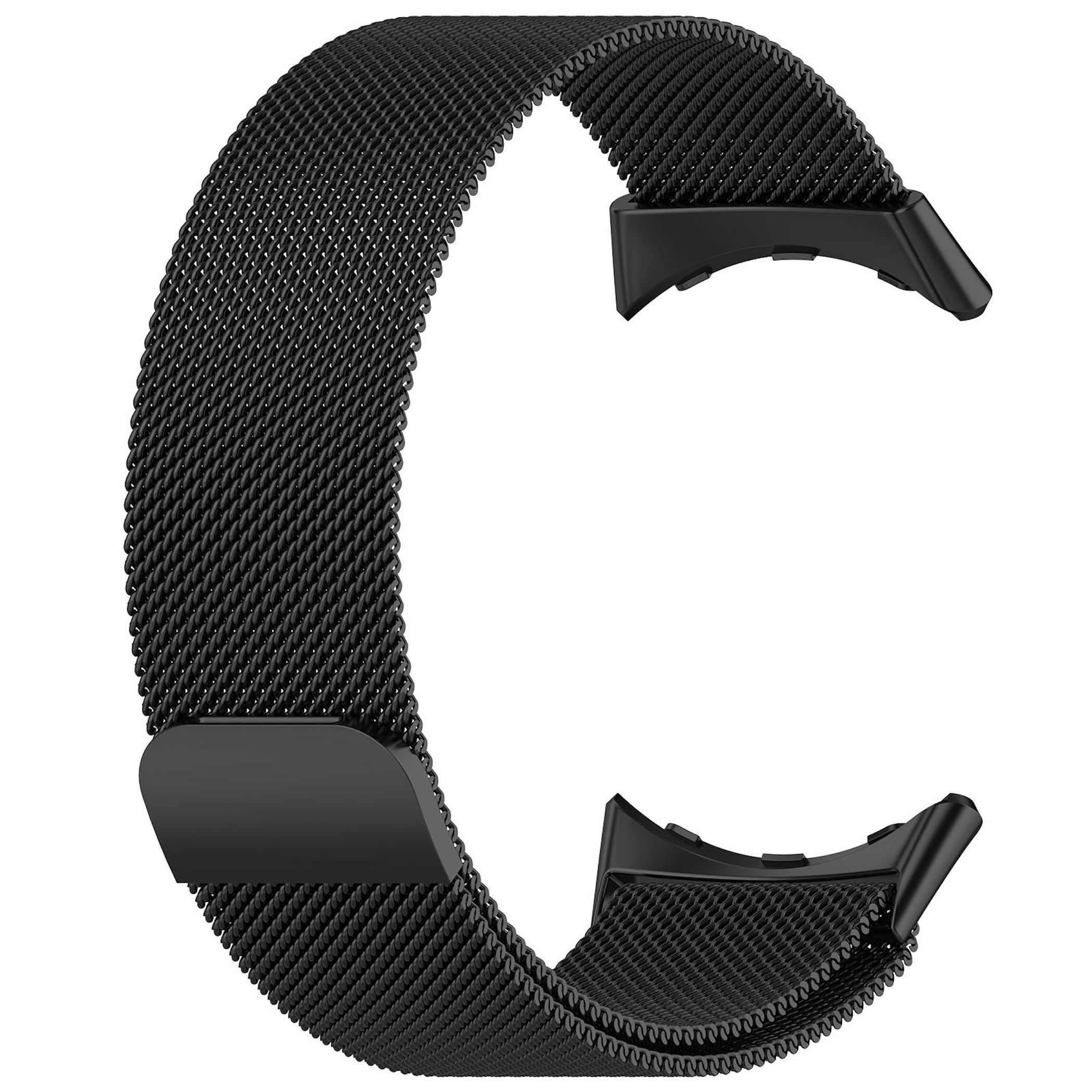Un cinturino nero, flessibile, in Milanese, con chiusura magnetica.