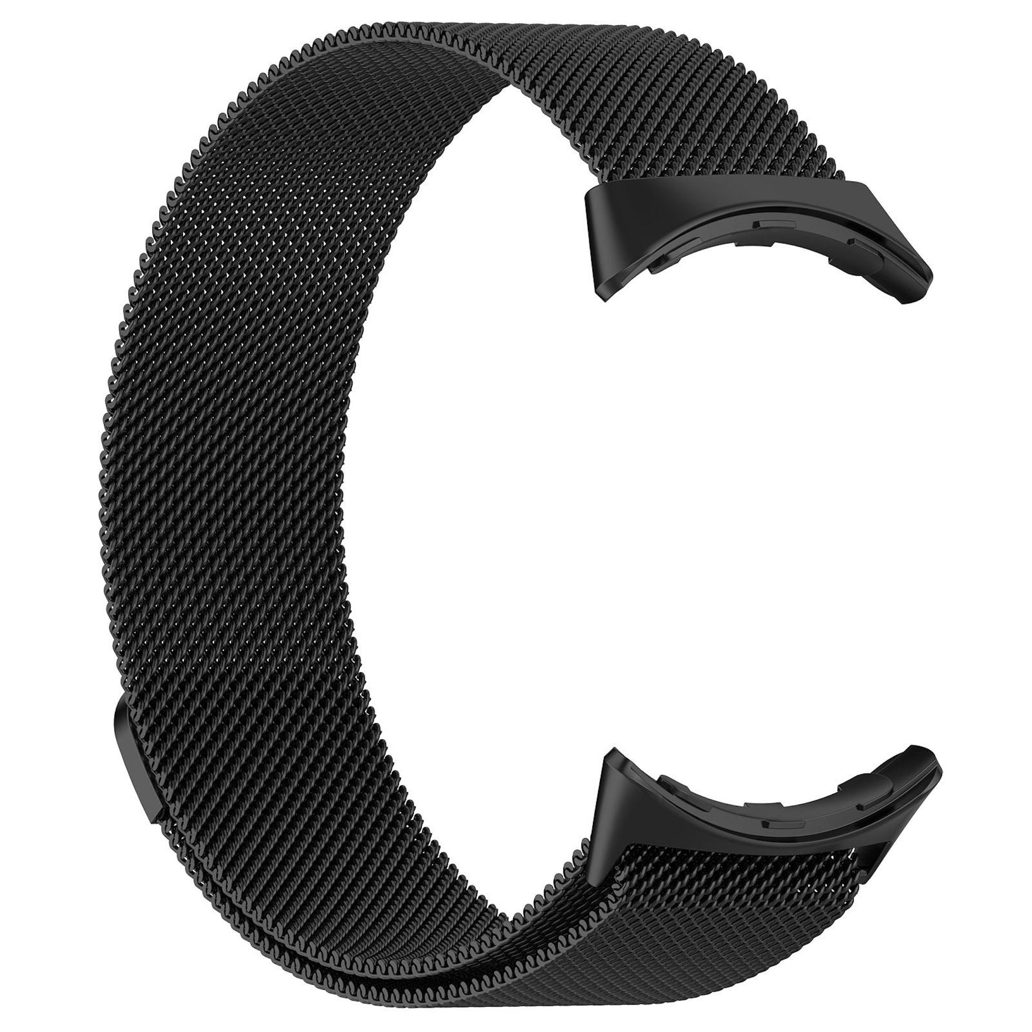 Cinturino nero in rete con fibbia nera, su sfondo bianco.