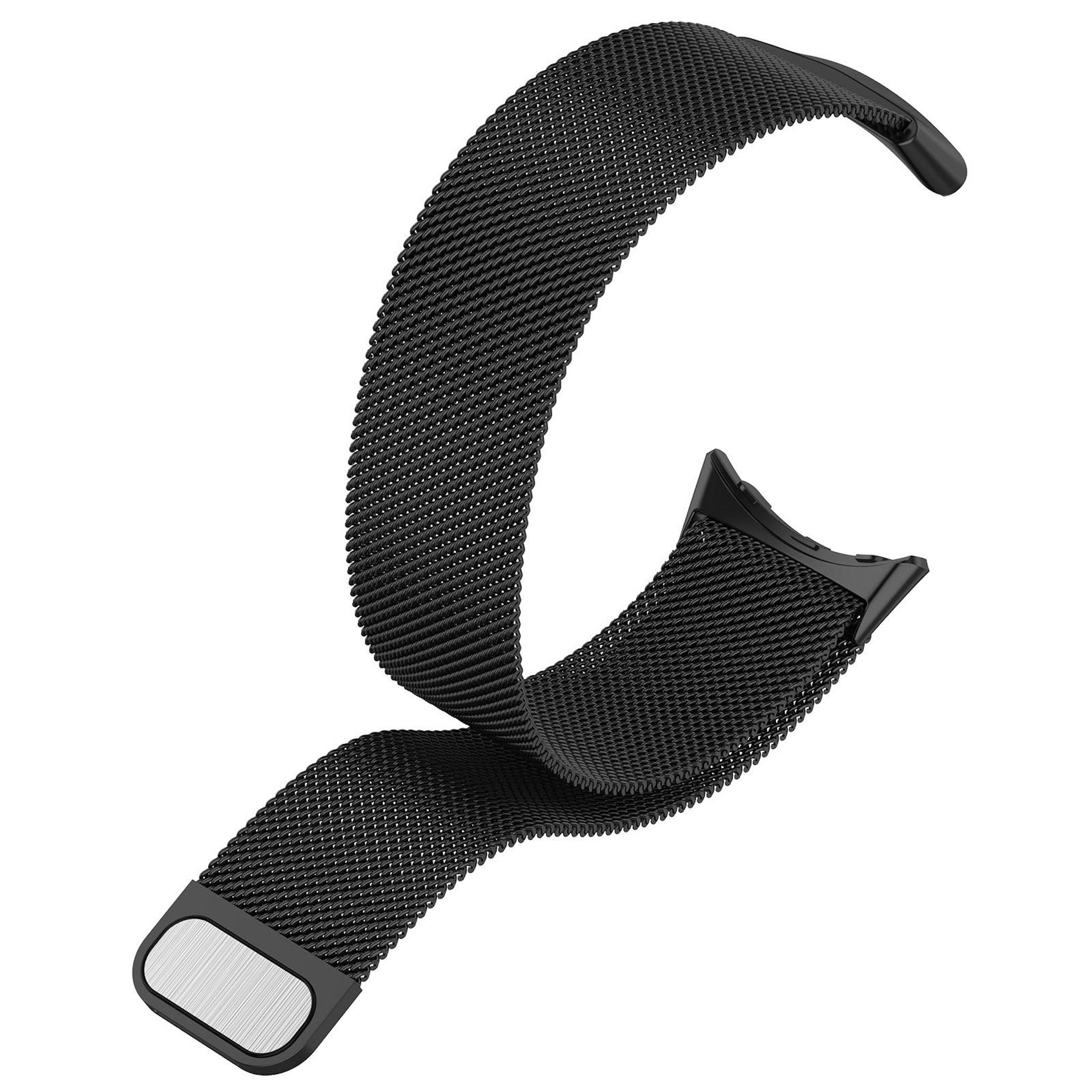 Un cinturino per orologio in metallo nero e flessibile con chiusura magnetica.