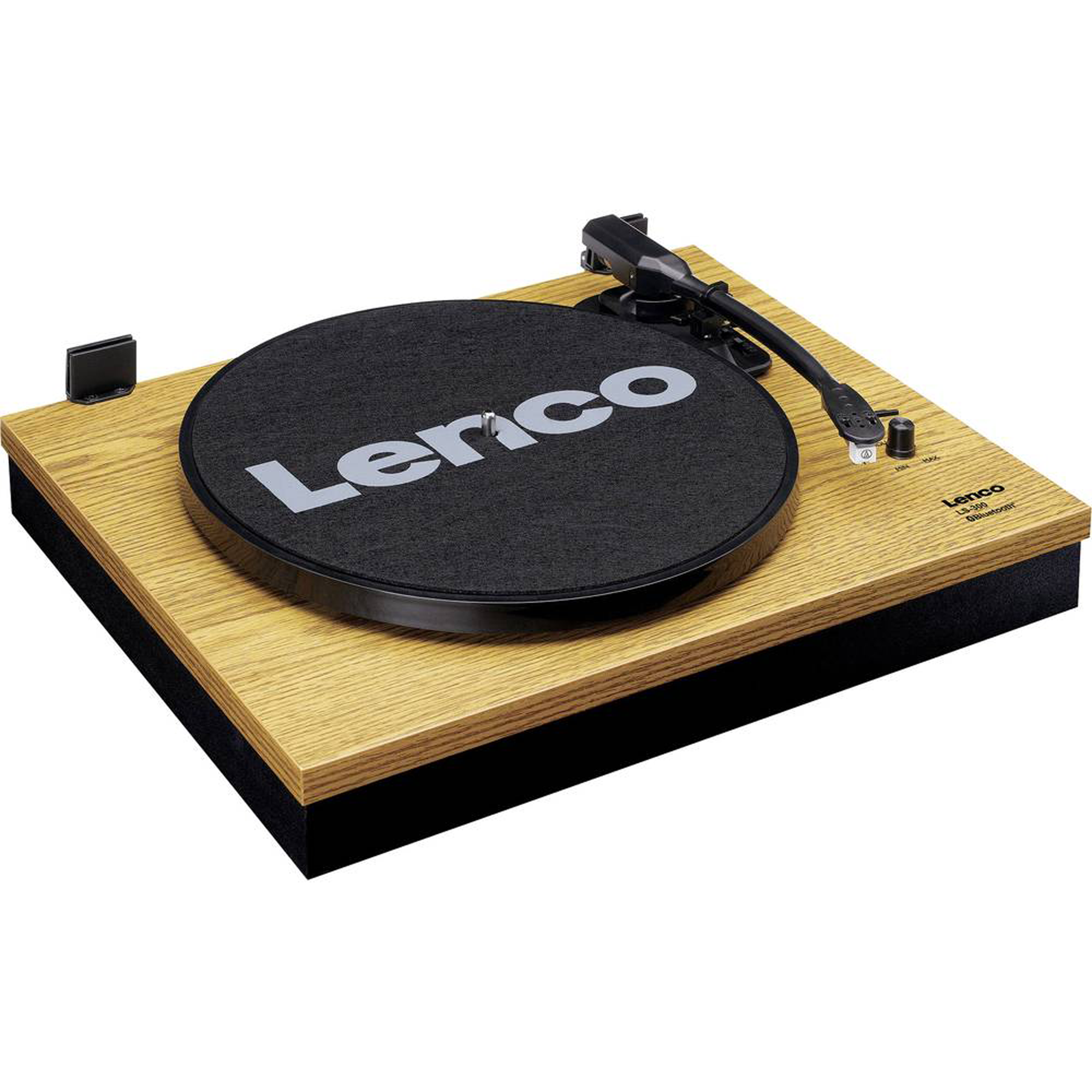 Drewniany gramofon z czarną matą z logo Lenco.