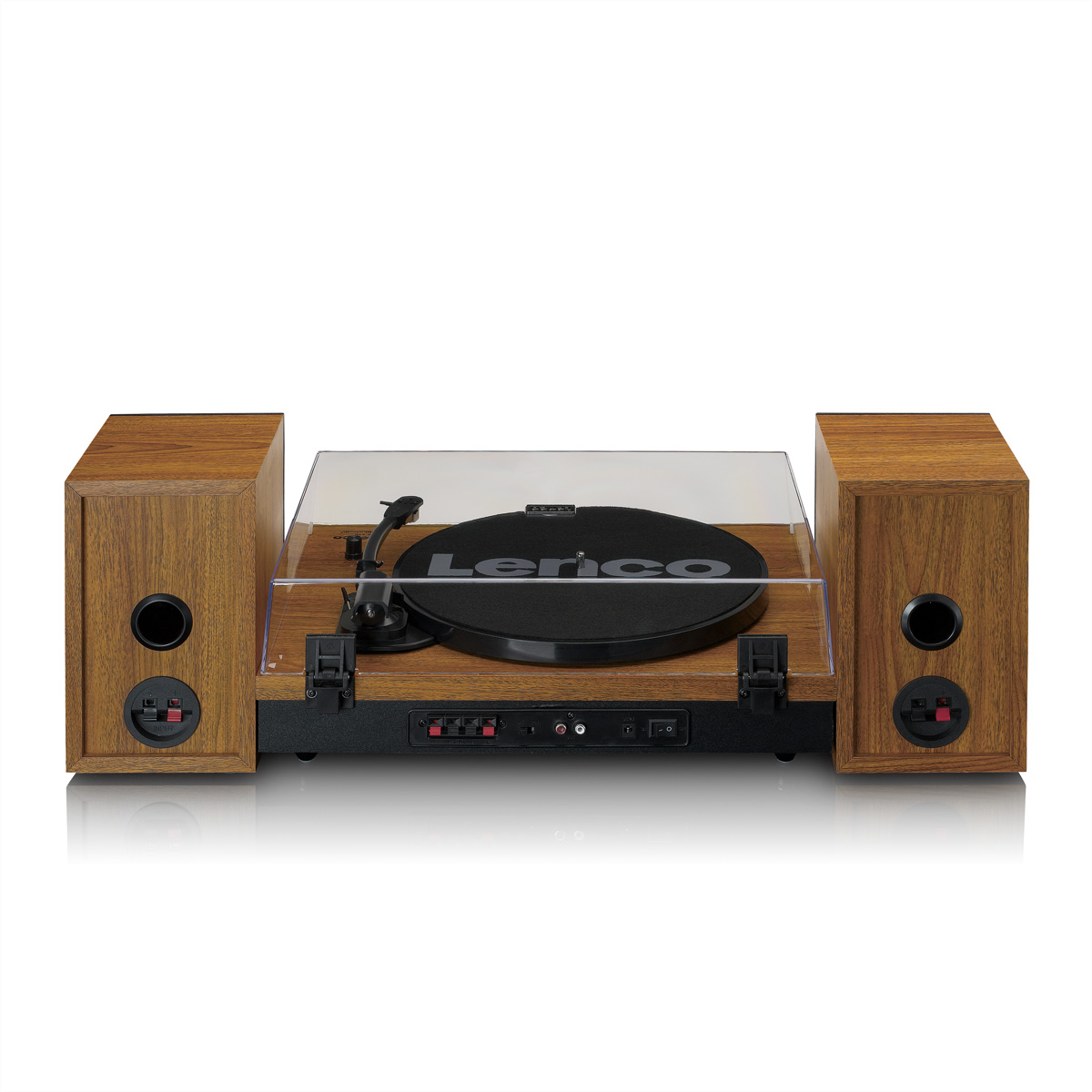Tocadiscos con carcasa de madera, dos altavoces y tapa antipolvo transparente.