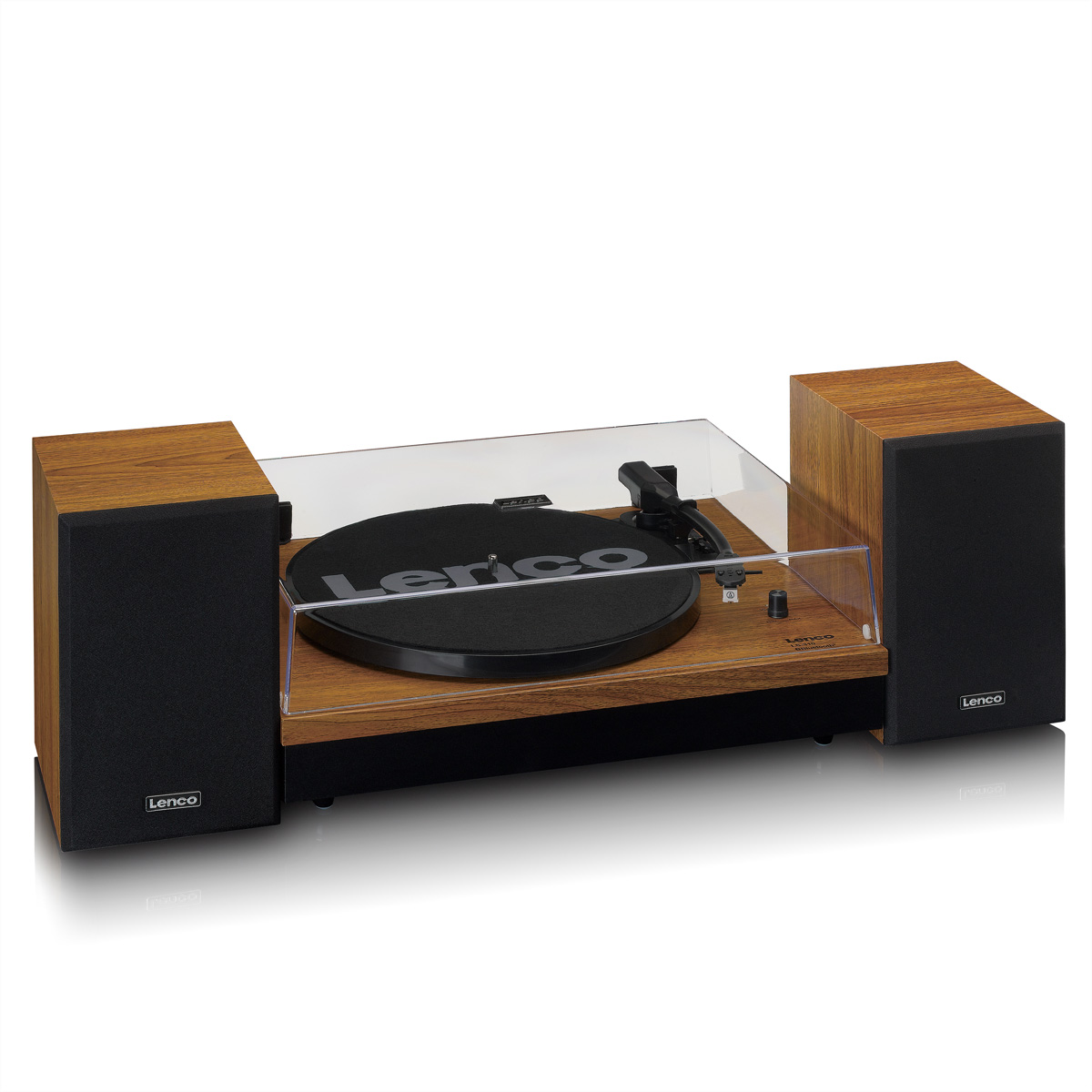 Un tocadiscos de chapa de madera con dos altavoces negros.