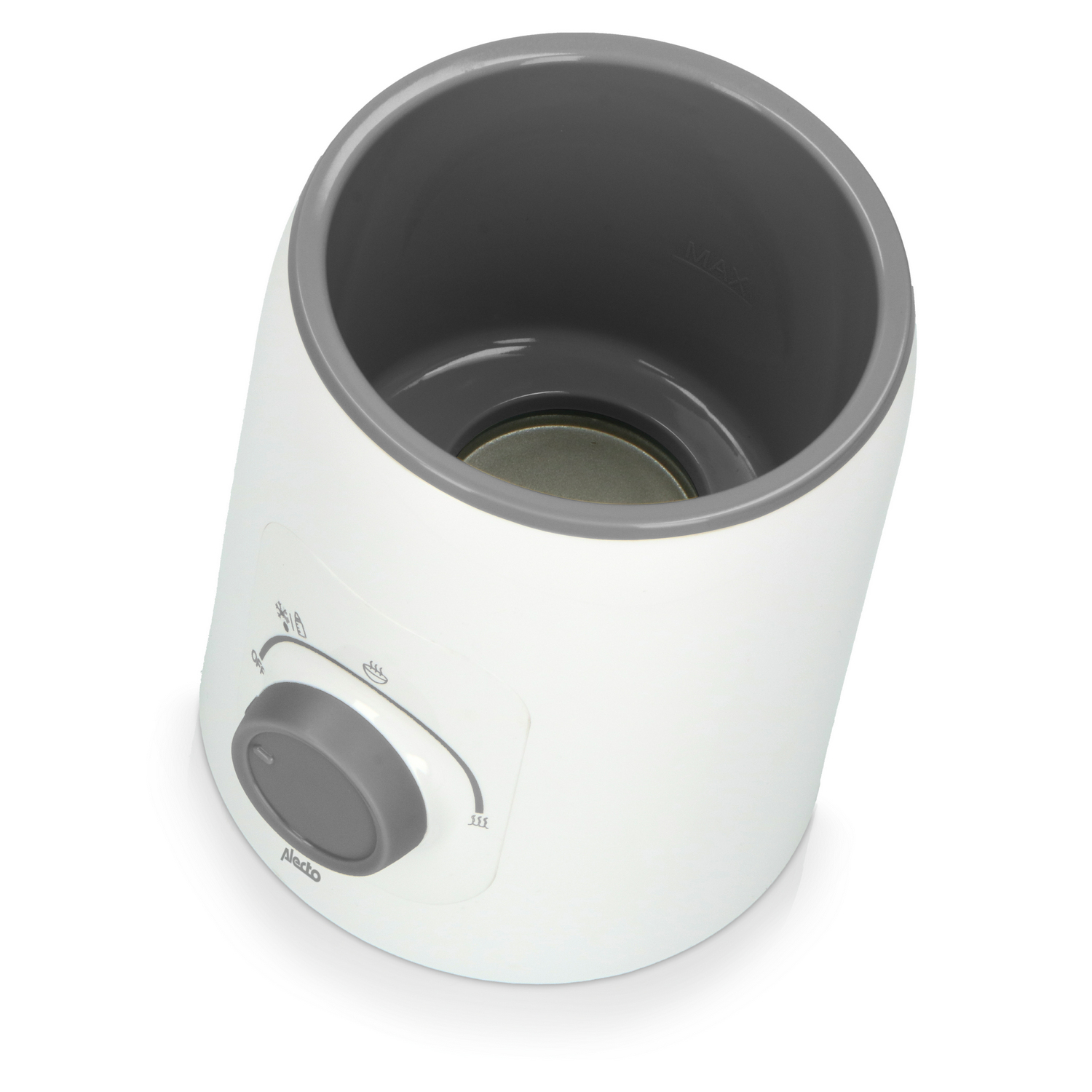 A white bottle warmer with a grey dial and settings.