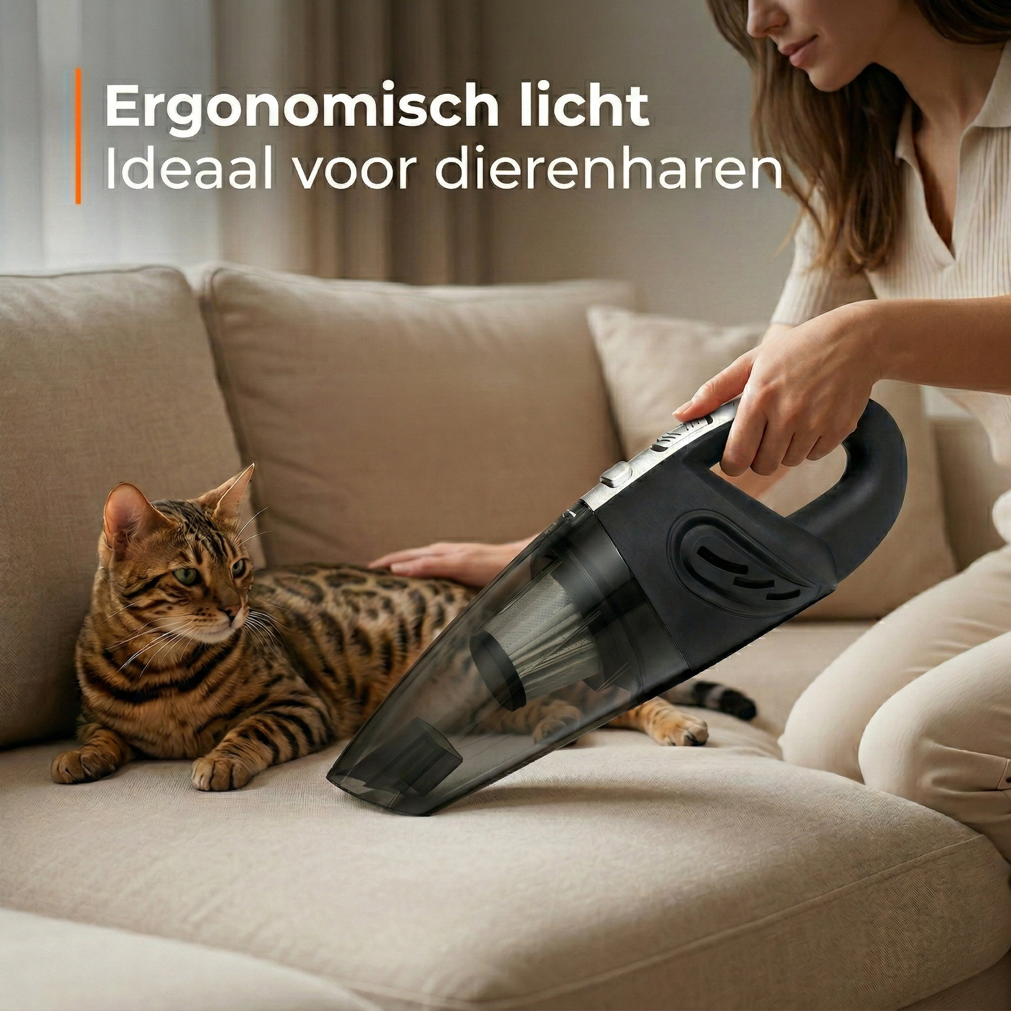 Cat on sofa, woman holding hand vacuum. Ergonomic, lightweight design.