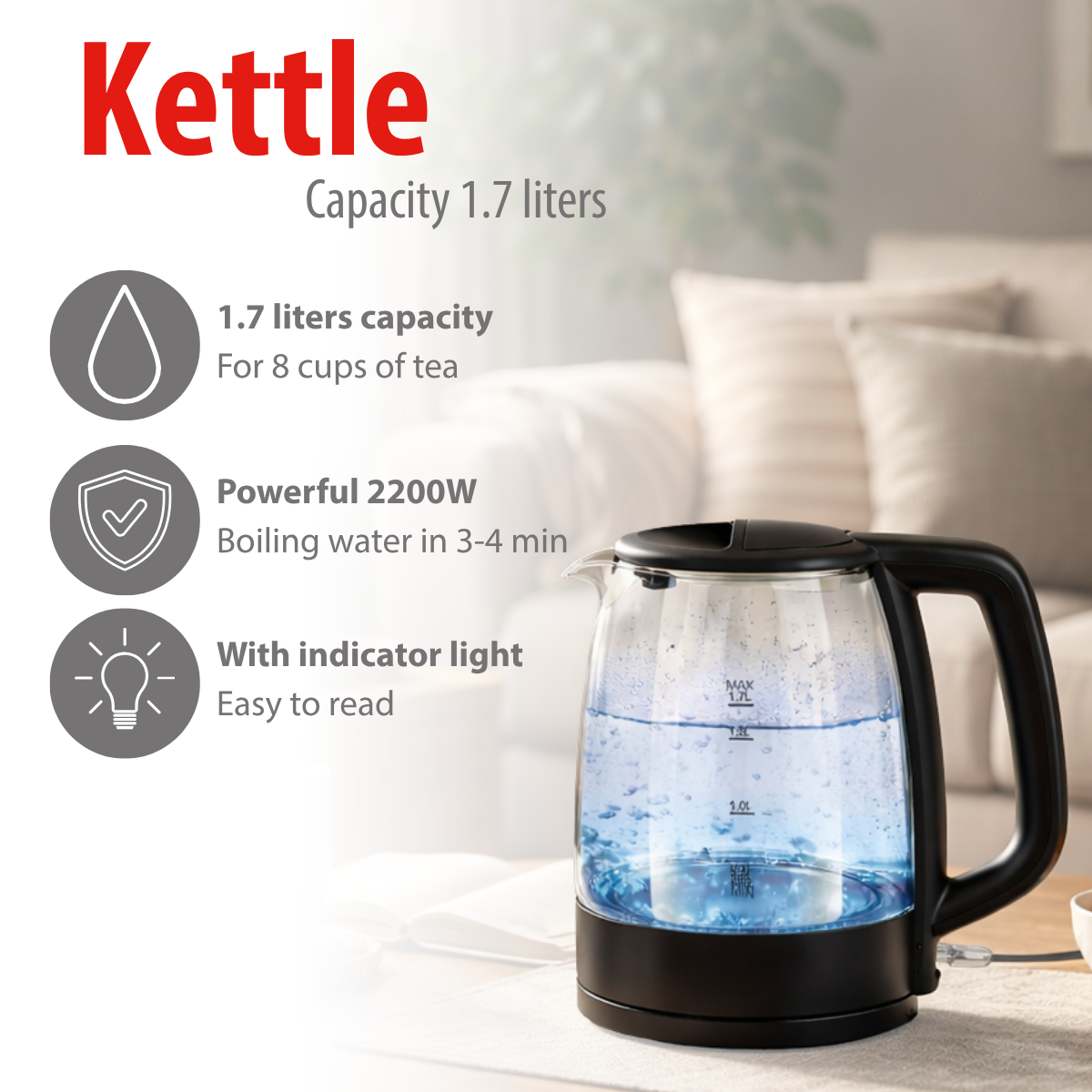 Ein Glas-Wasserkocher mit schwarzem Griff, 1,7 L Kapazität, 2200W.