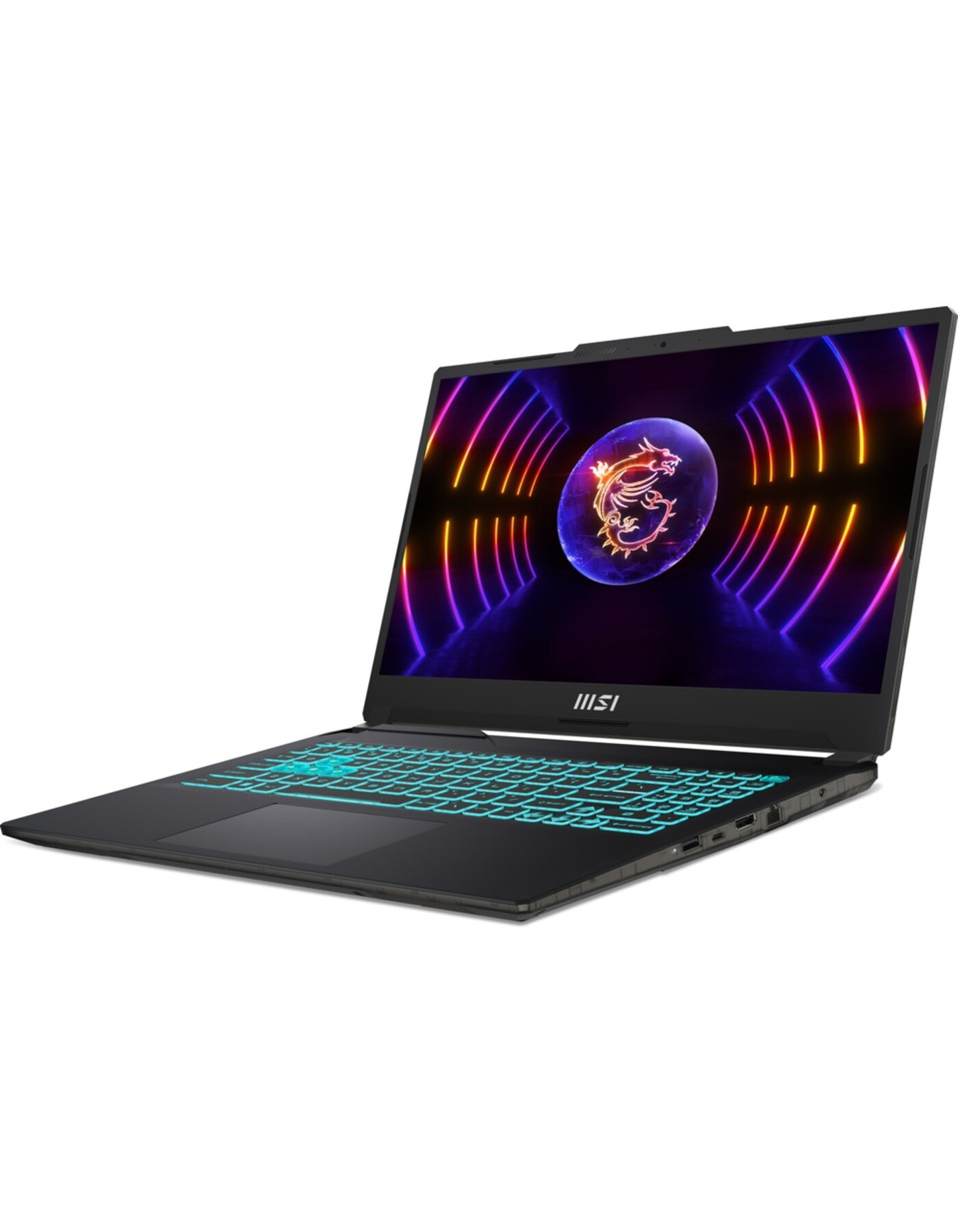 Ekranında MSI logosu ve aydınlatmalı mavi klavyesi olan siyah dizüstü bilgisayar.