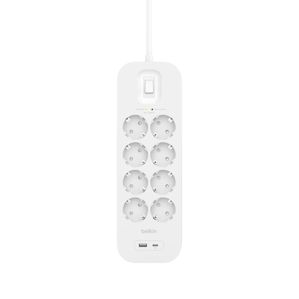 Multipresa bianca con 8 prese, 2 porte USB, interruttore e spie.
