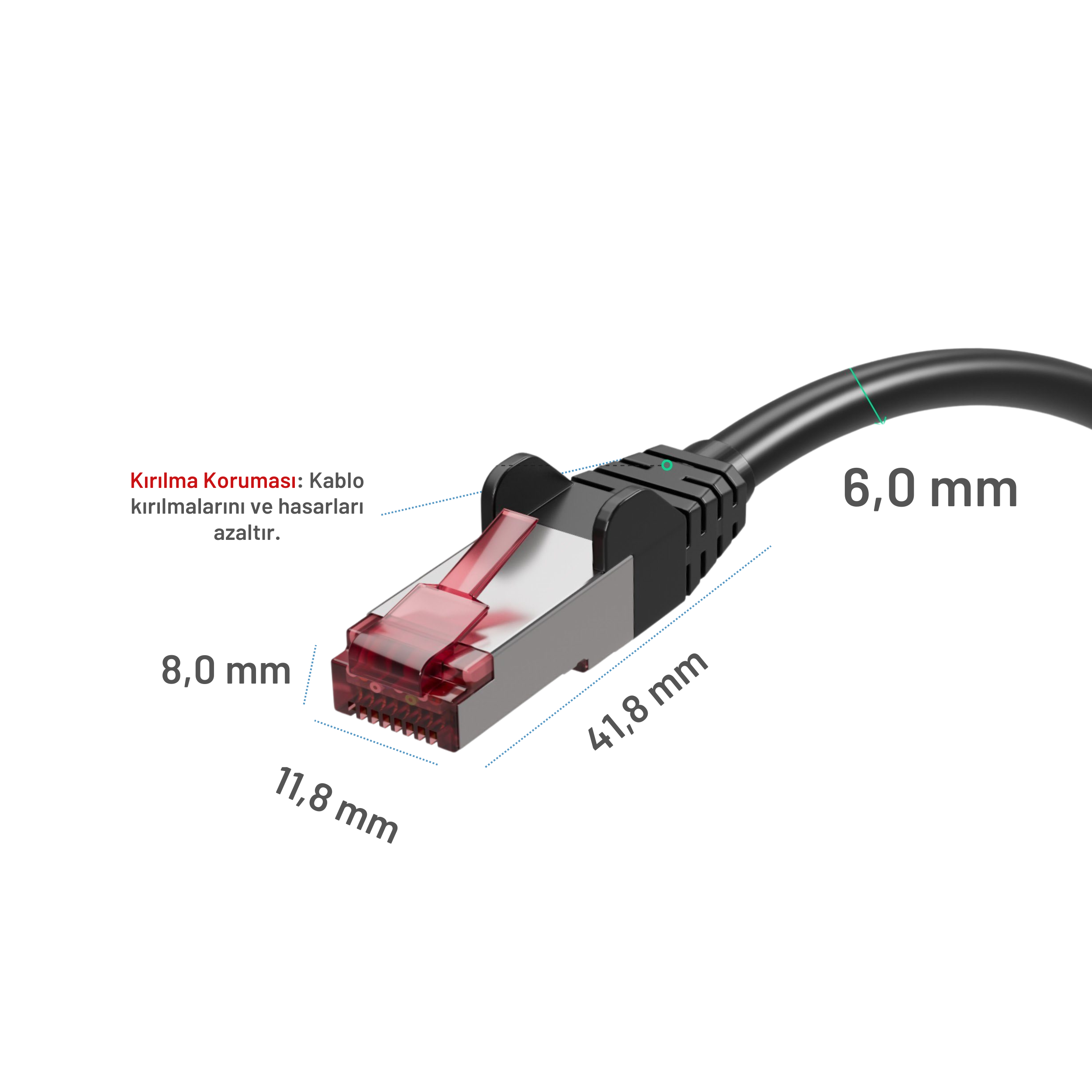 Boyutları gösterilen bir ağ kablosu konektörü: 8,0 mm, 11,8 mm, 41,8 mm, 6,0 mm.