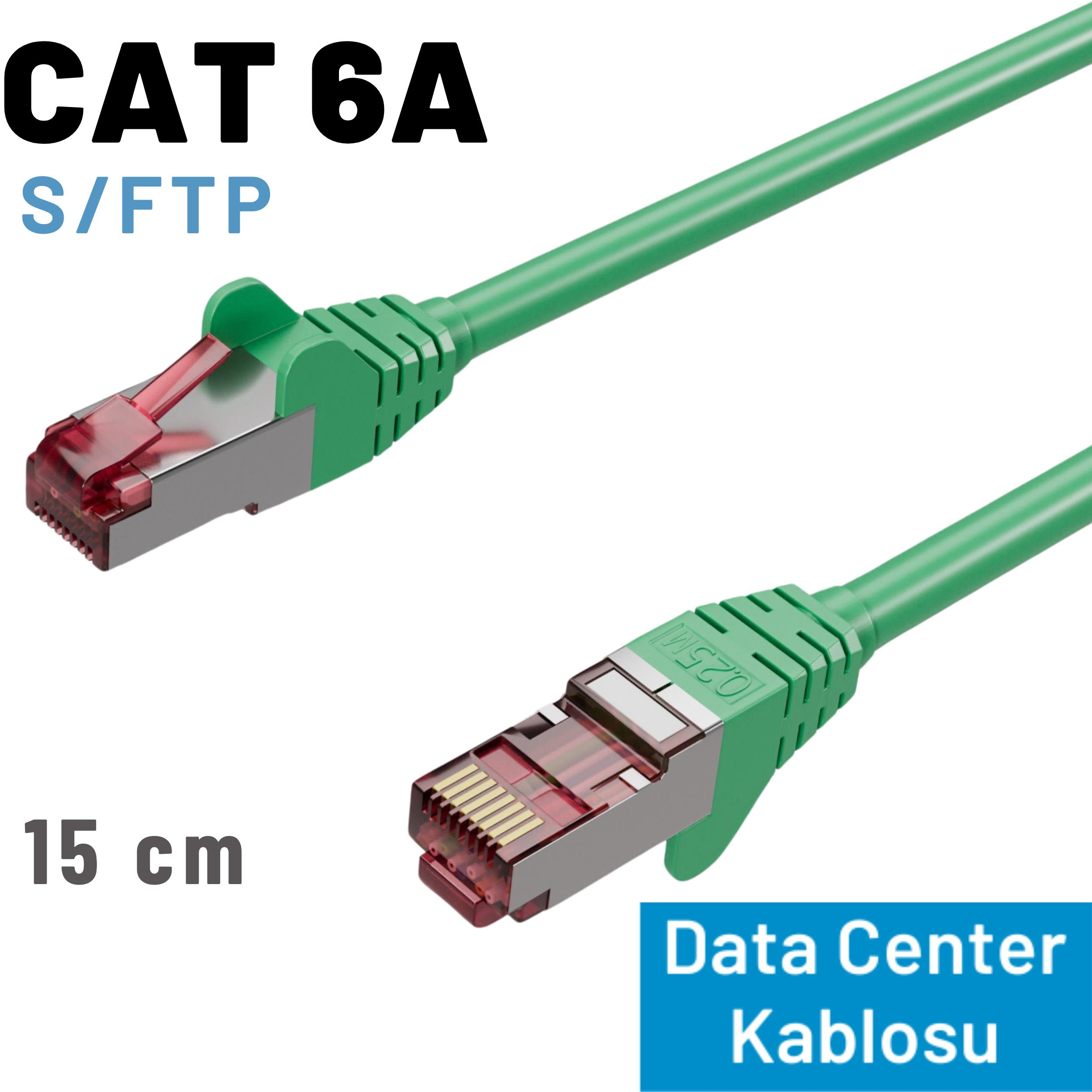 Yeşil CAT 6A S/FTP kablo RJ45 konnektörlü, 15cm.