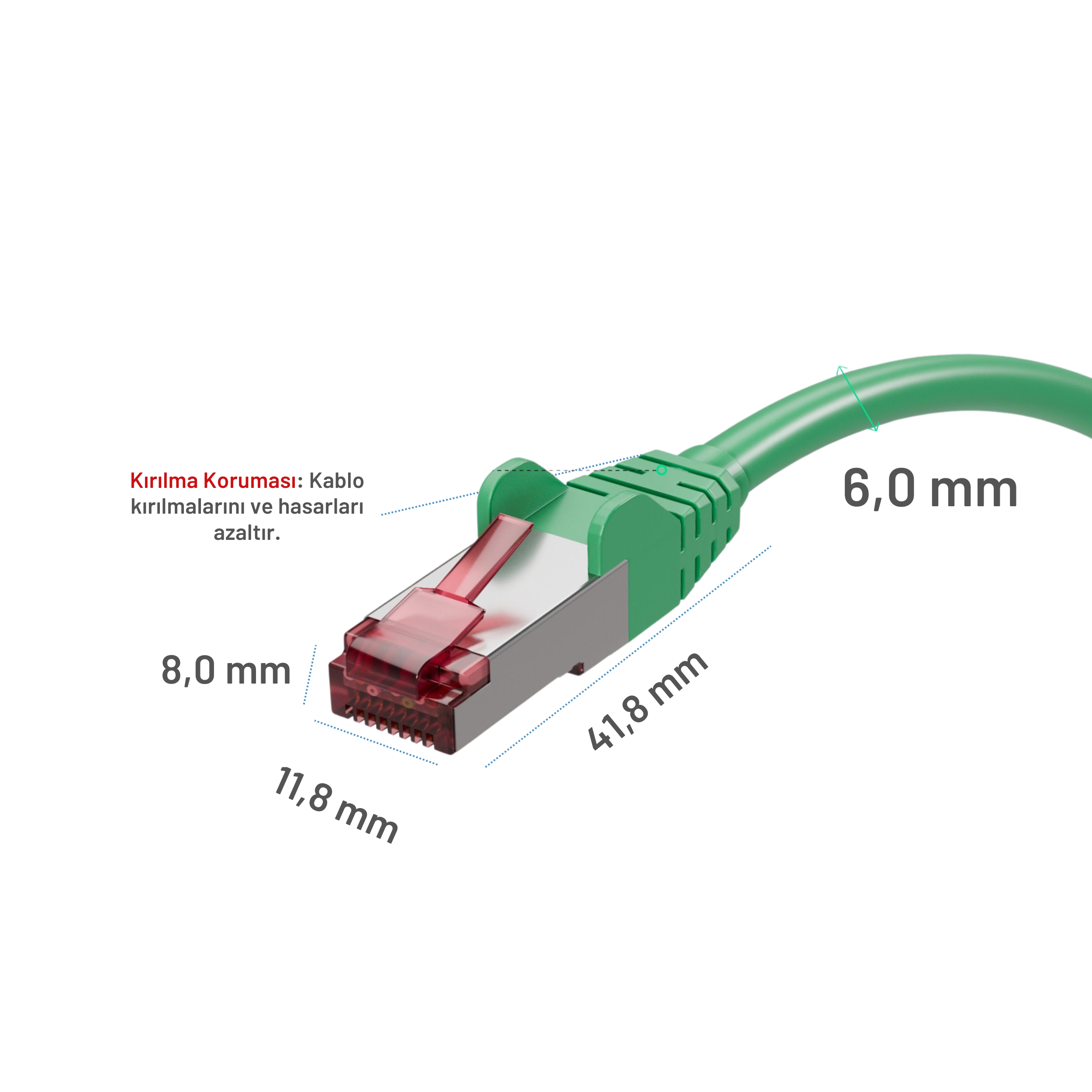 RJ45 konnektörlü yeşil ağ kablosu. Boyutlar: 6,0 mm, 8,0 mm, 11,8 mm, 41,8 mm.