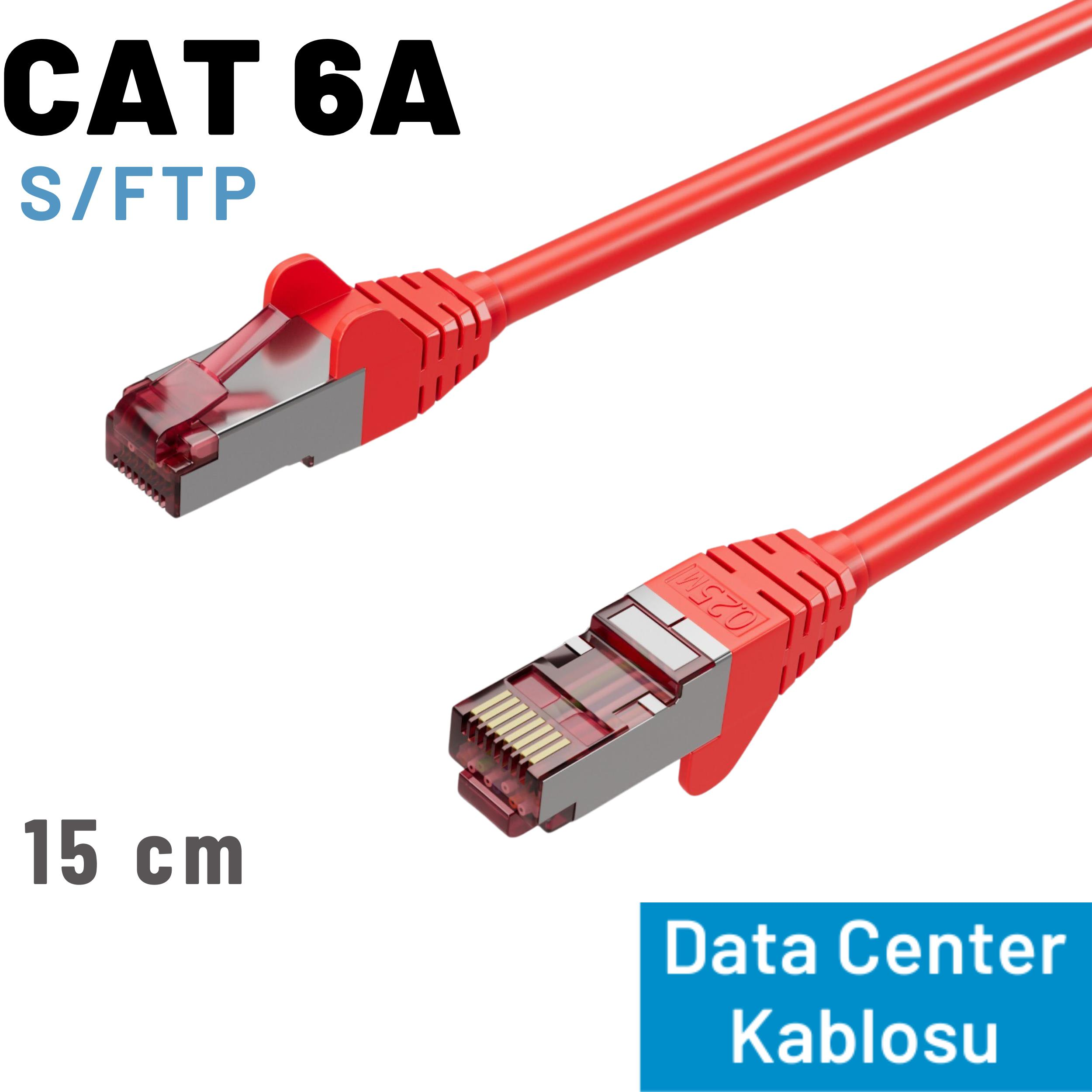 Kırmızı CAT 6 S/FTP ağ kablosu, 15 cm, RJ45 konektörlü.
