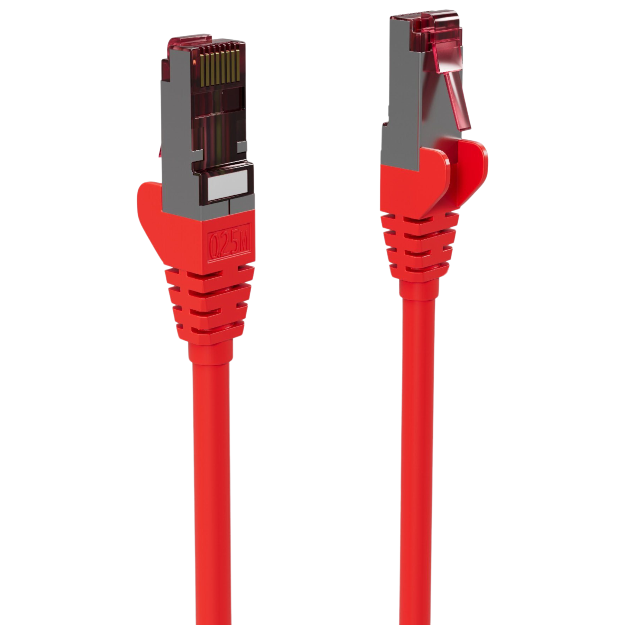 Gümüş metal kontaklı iki kırmızı Ethernet kablo konektörü.