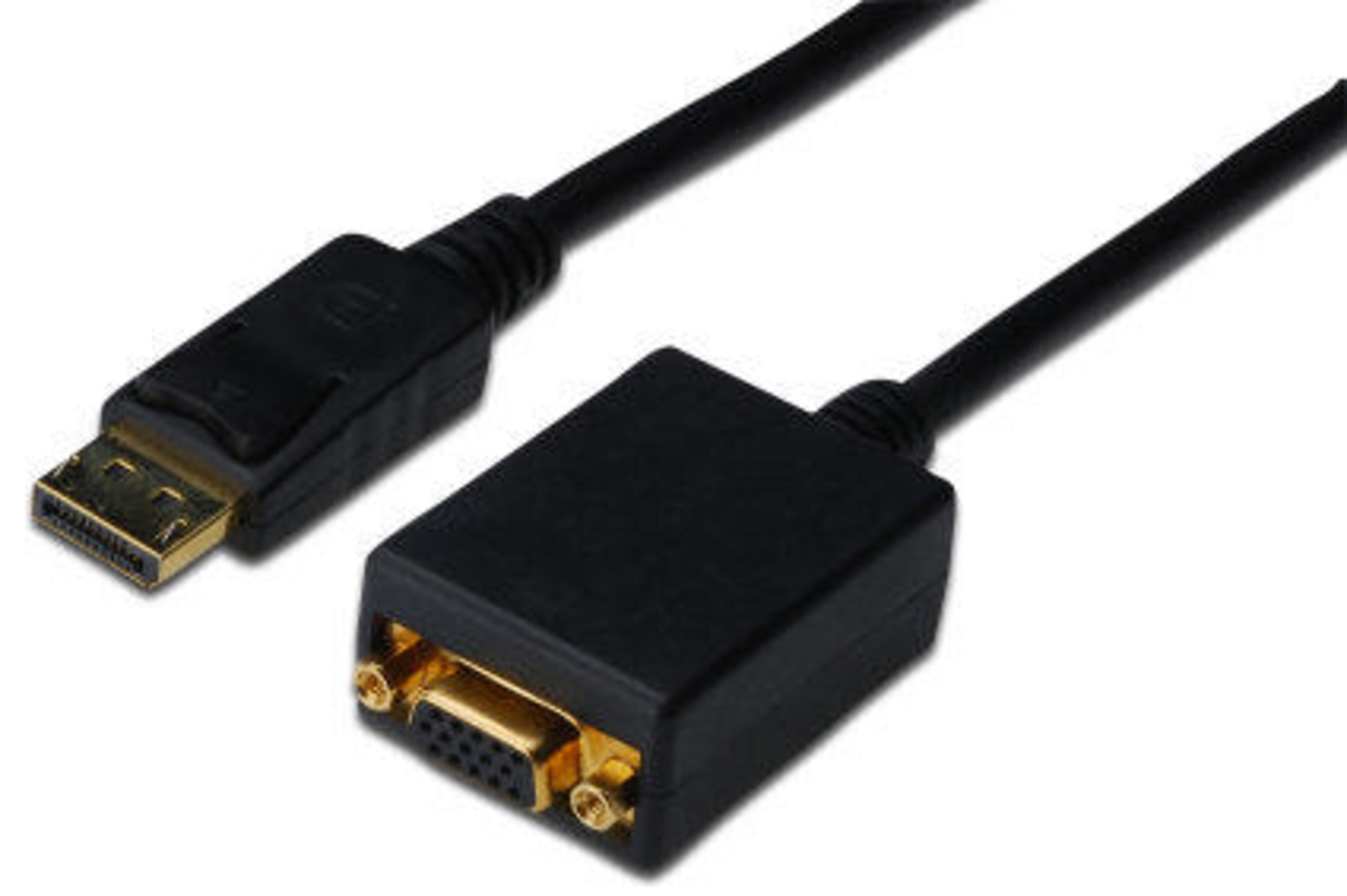 DisplayPort konnektörlü ve VGA adaptörlü siyah kablo.