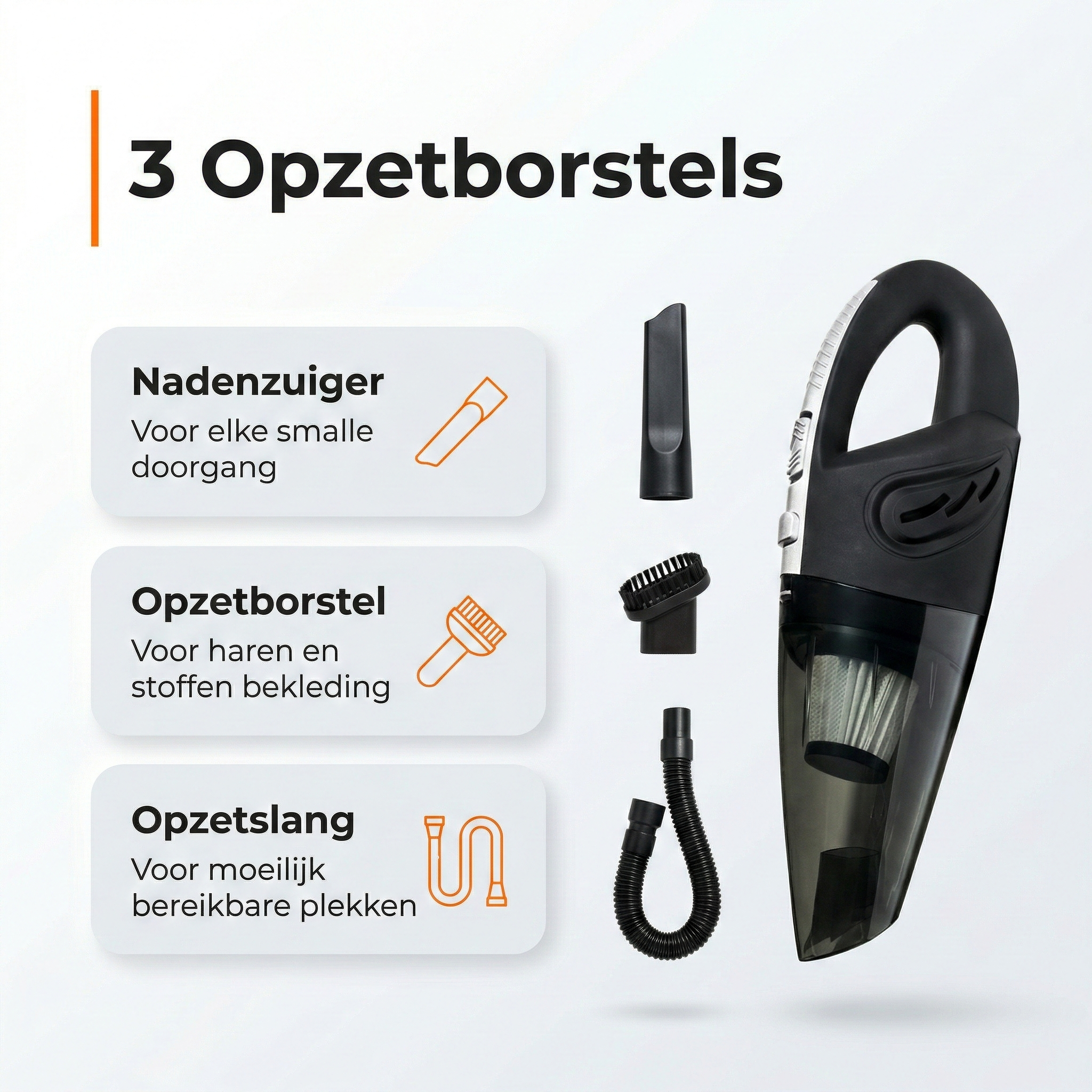 Black handheld vacuum with three attachments: crevice tool, brush attachment, hose.