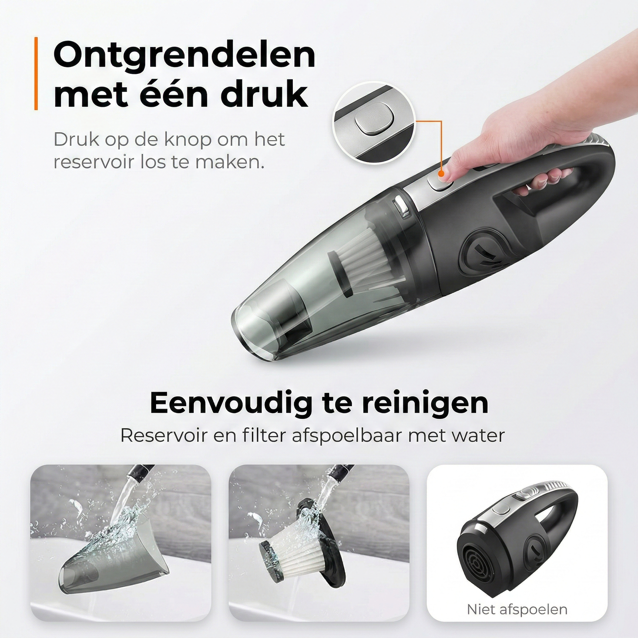 Black handheld vacuum, reservoir and filter are rinsed with water.