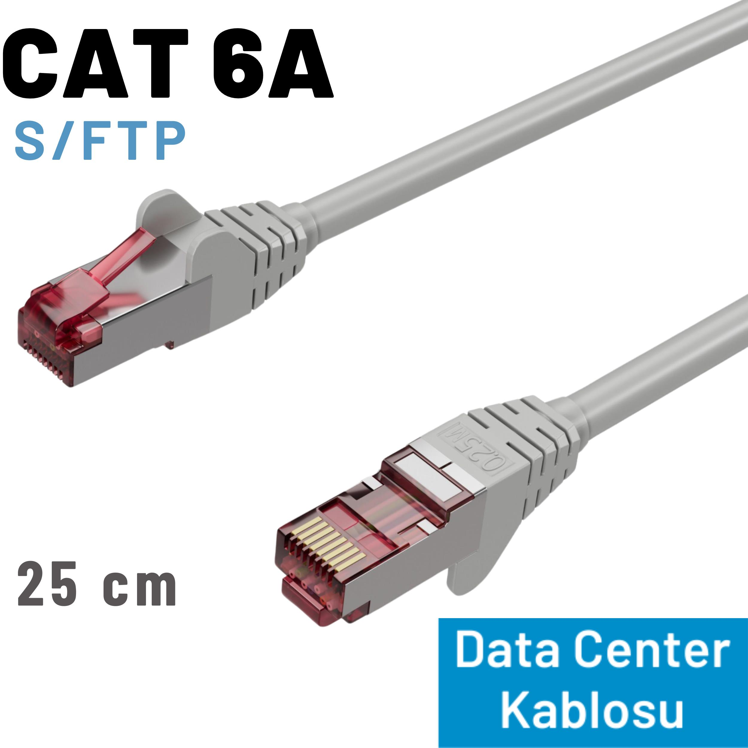 Gri CAT 6A S/FTP kablo, 25 cm, kirmizi RJ45 konnektörlü.