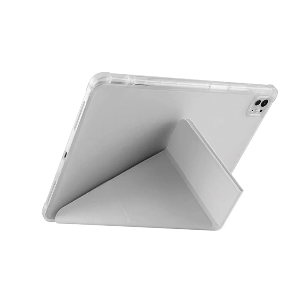 Entegre stantlı şeffaf kılıfta gümüş tablet.