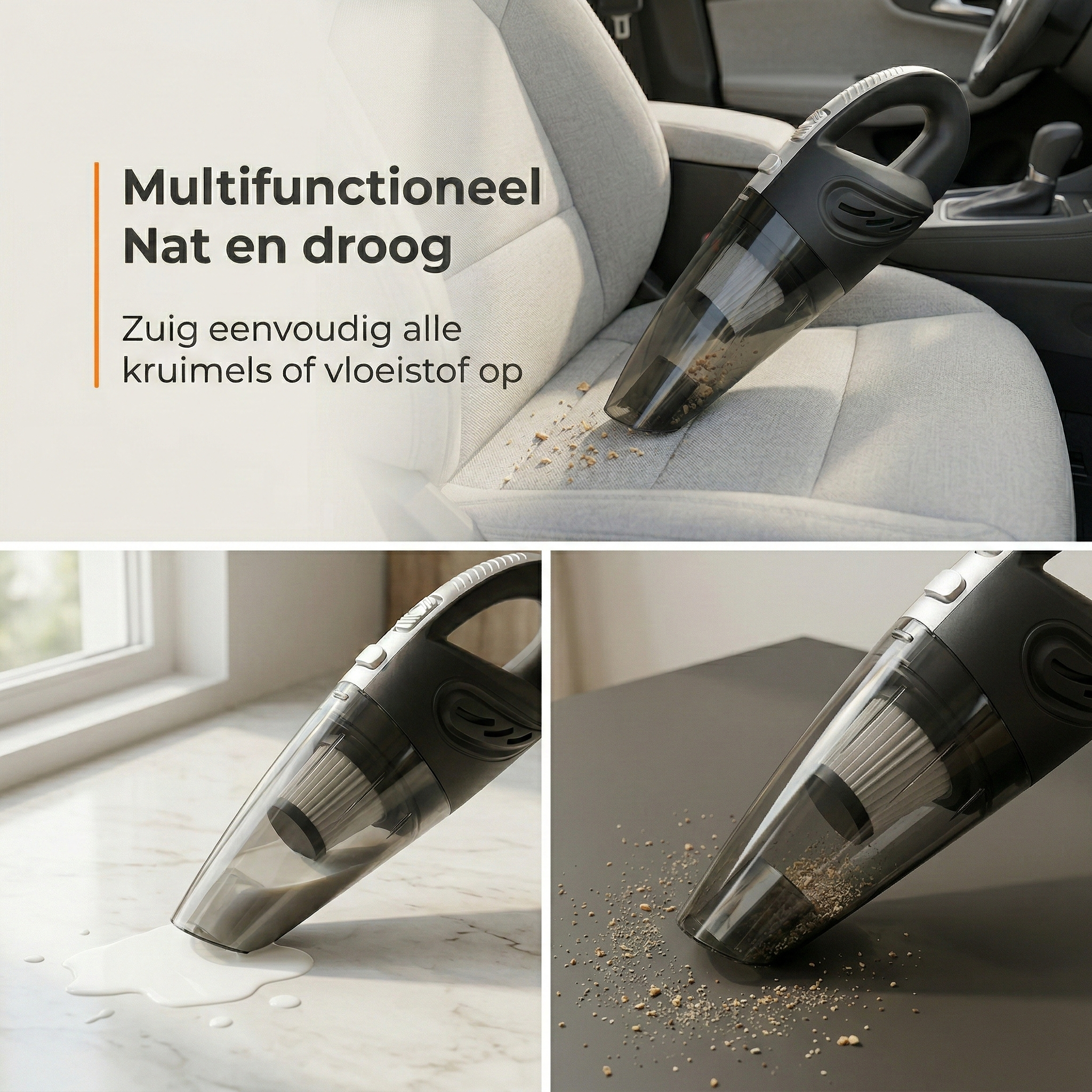 A black handheld vacuum cleans crumbs from a car seat and sucks up liquid.