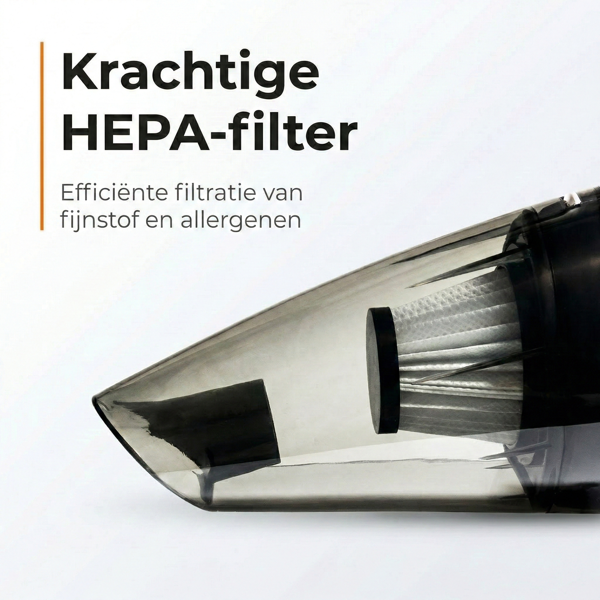 Close-up of a vacuum filter with text 'Powerful HEPA filter'.