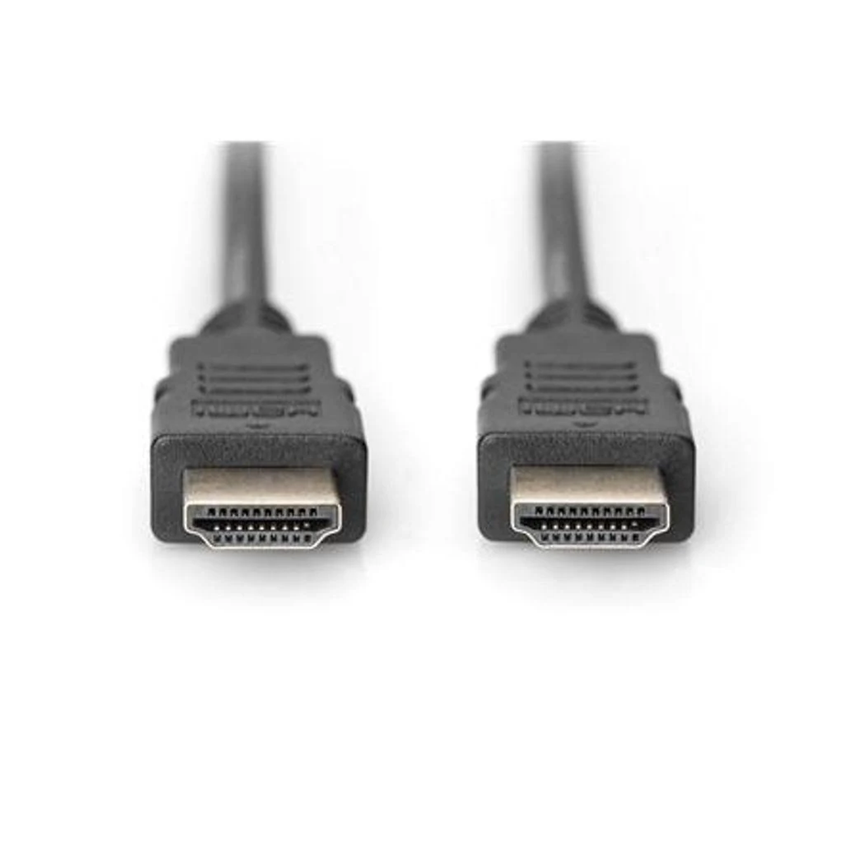 Beyaz arka plan üzerinde siyah kablolu iki HDMI fişi.