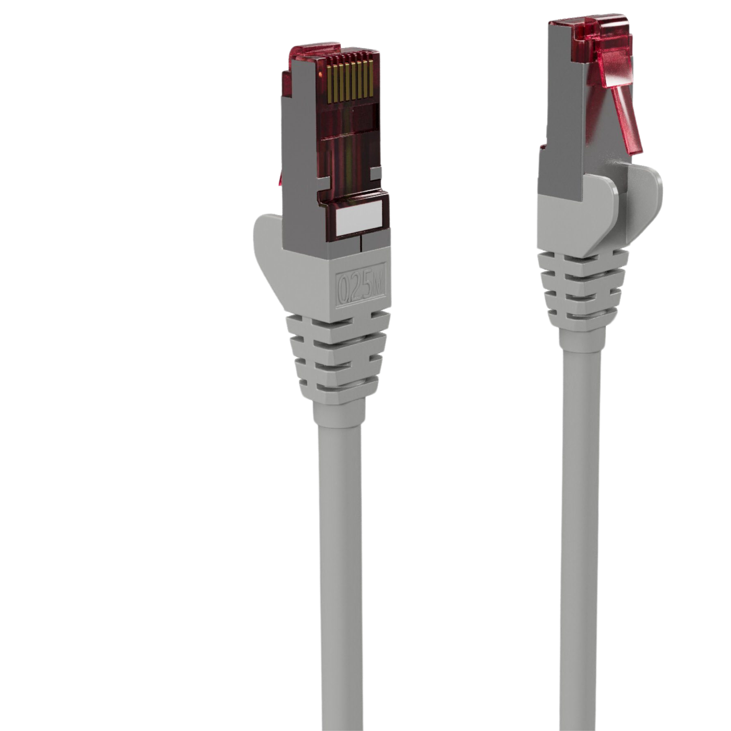 Beyaz arka plan üzerinde kırmızı RJ45 konektörlü iki gri ağ kablosu.