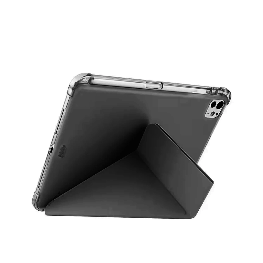 Siyah stantlı şeffaf kasalı tablet, yandan görünüm.