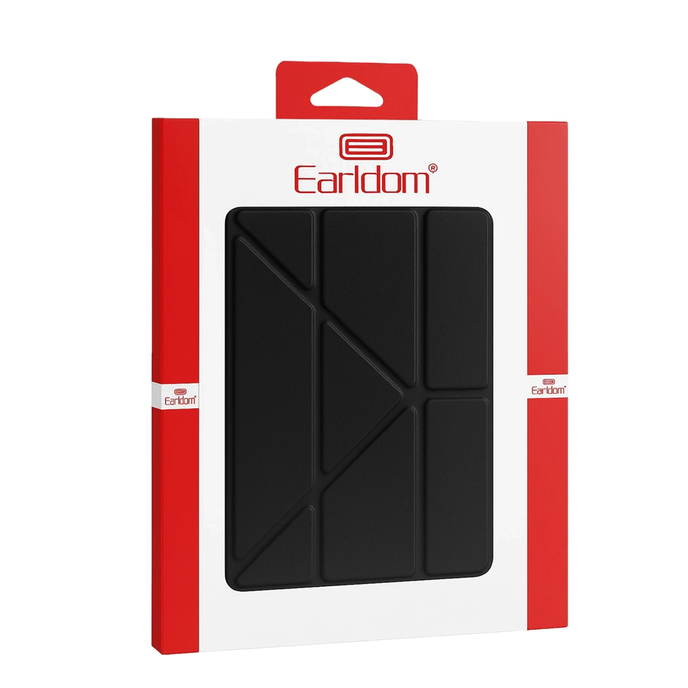 Kırmızı şeritli ambalajda siyah tablet kılıfı.