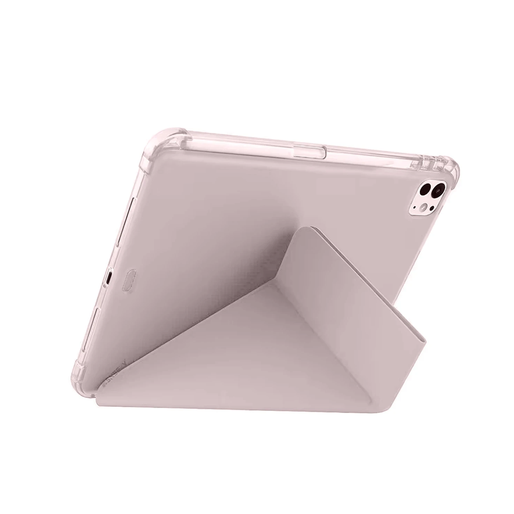 Şeffaf kapaklı ve kalemli pembe tablet kılıfı, dik duruyor.