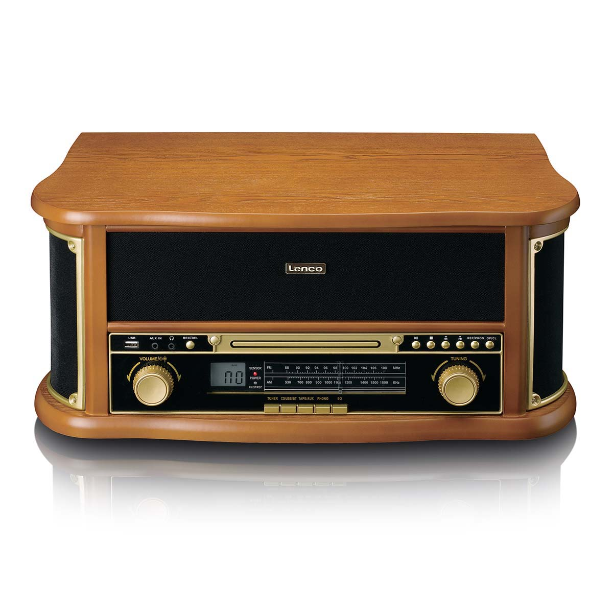Een Lenco platenspeler met radio, cd-speler en luidsprekers in houtafwerking.
