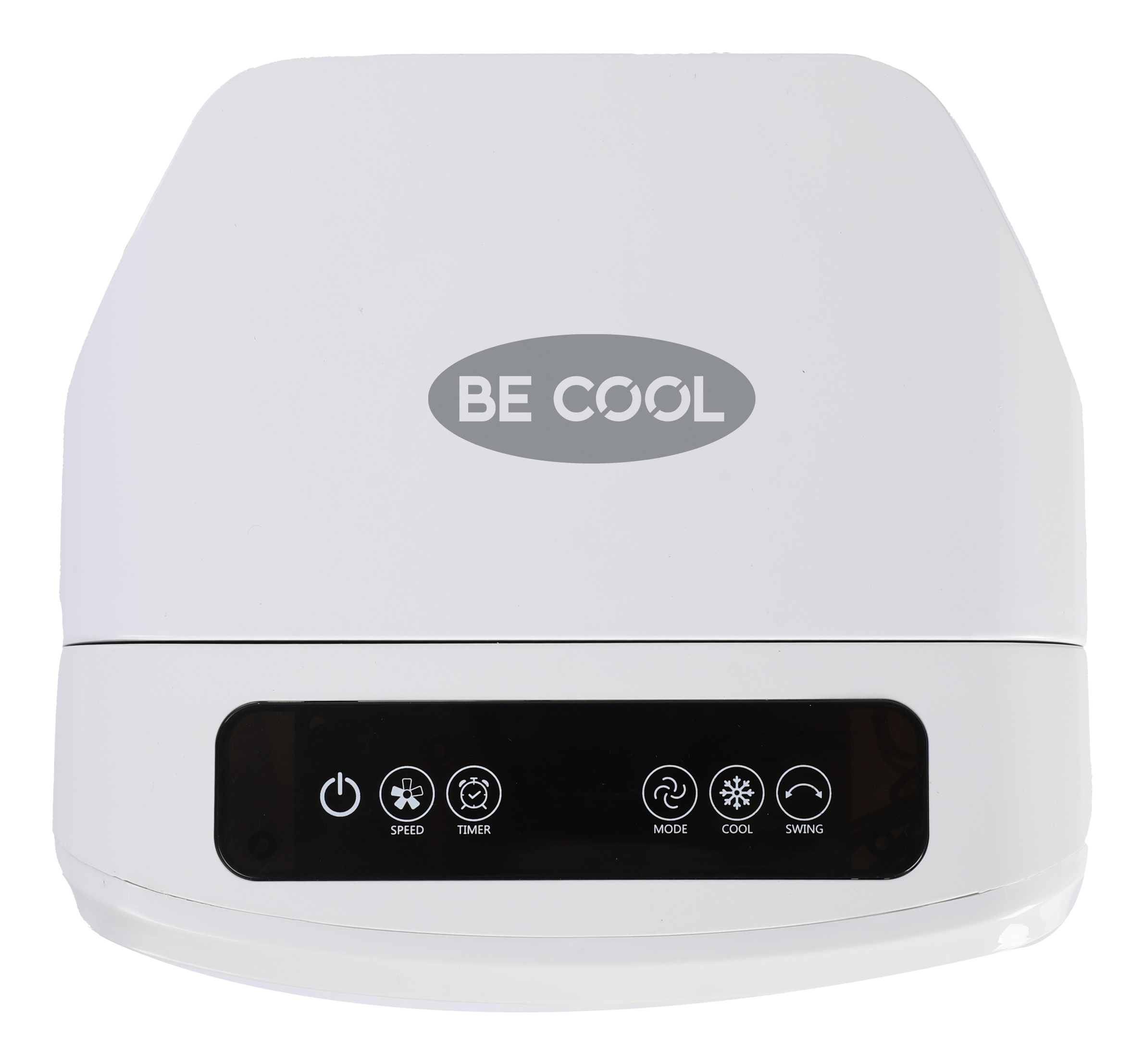 Ein weißer Luftkühler mit "BE COOL"-Logo und schwarzen Bedienfeldern.