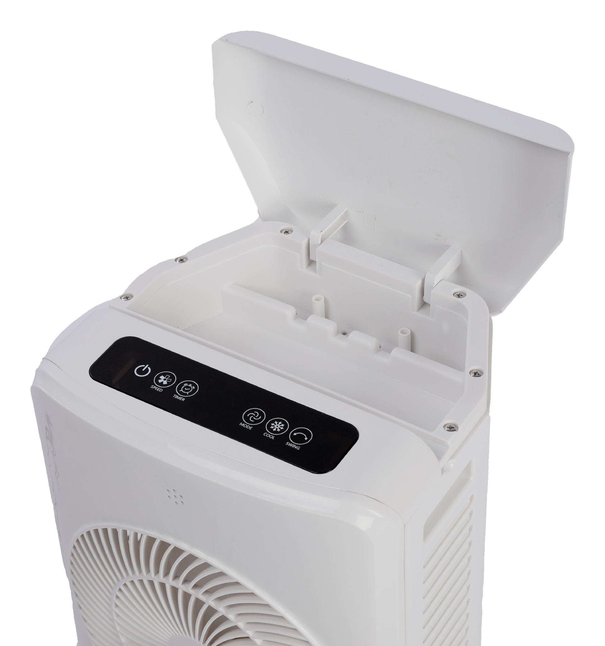 Ein weißer Ventilator mit offenem Deckel und schwarzem Bedienfeld.