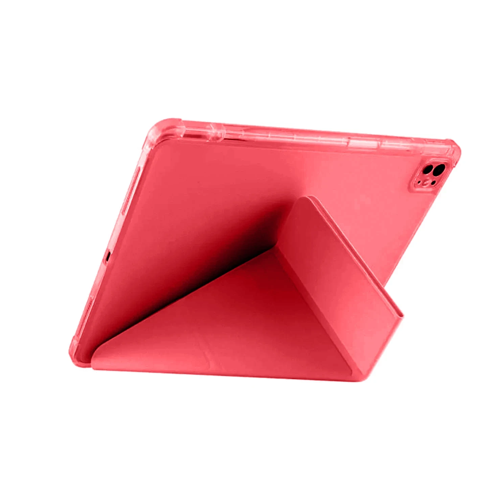 Bir stand görevi gören kılıfta kırmızı bir tablet.