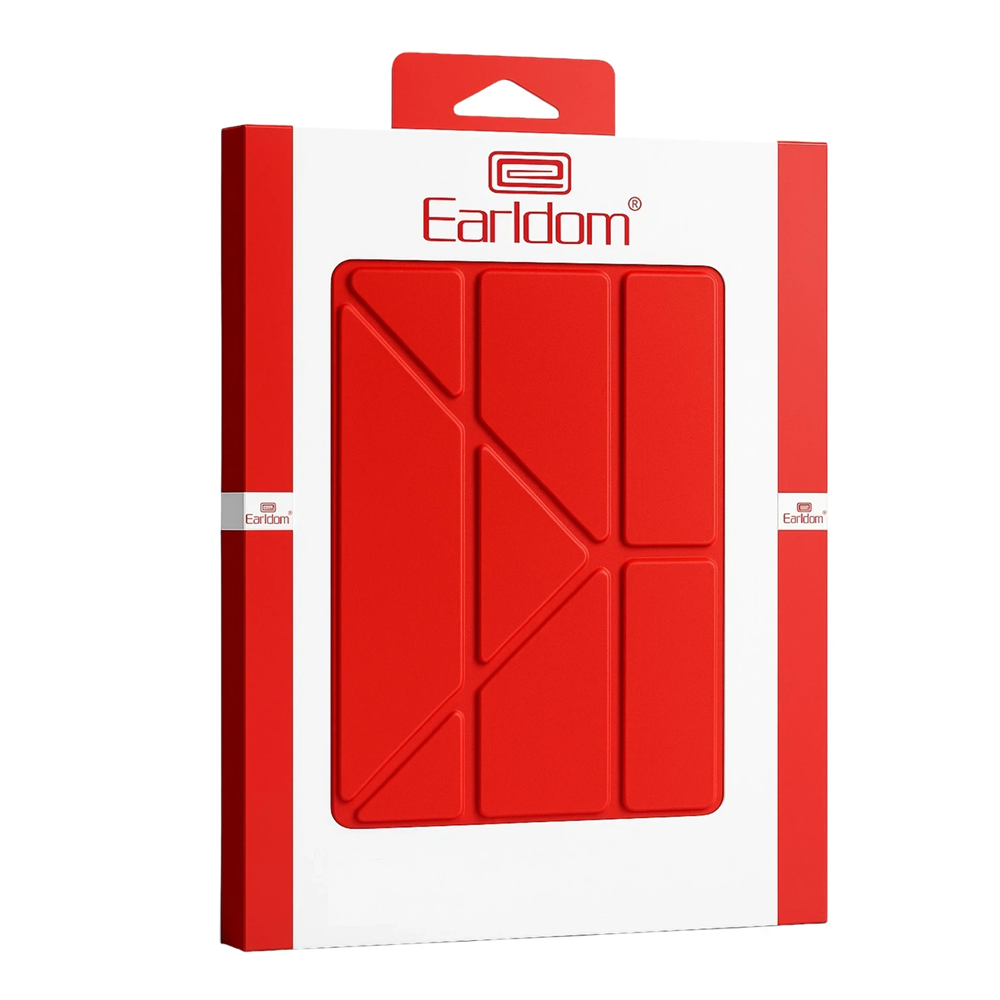Earldom logosu ve geometrik desenli kırmızı kılıf içeren kırmızı ambalaj.