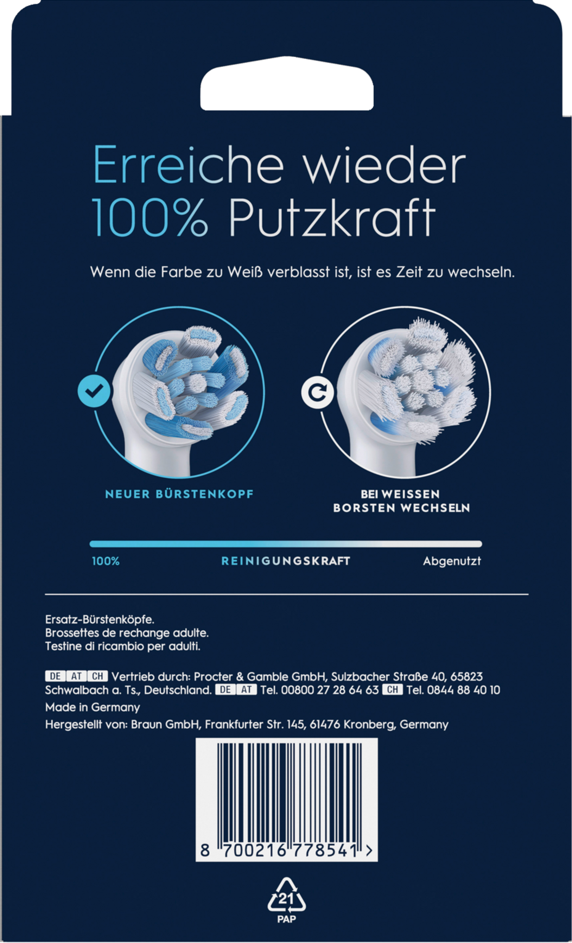 Zwei Bürstenköpfe: links neu, rechts abgenutzt. Text: 100% Putzkraft.