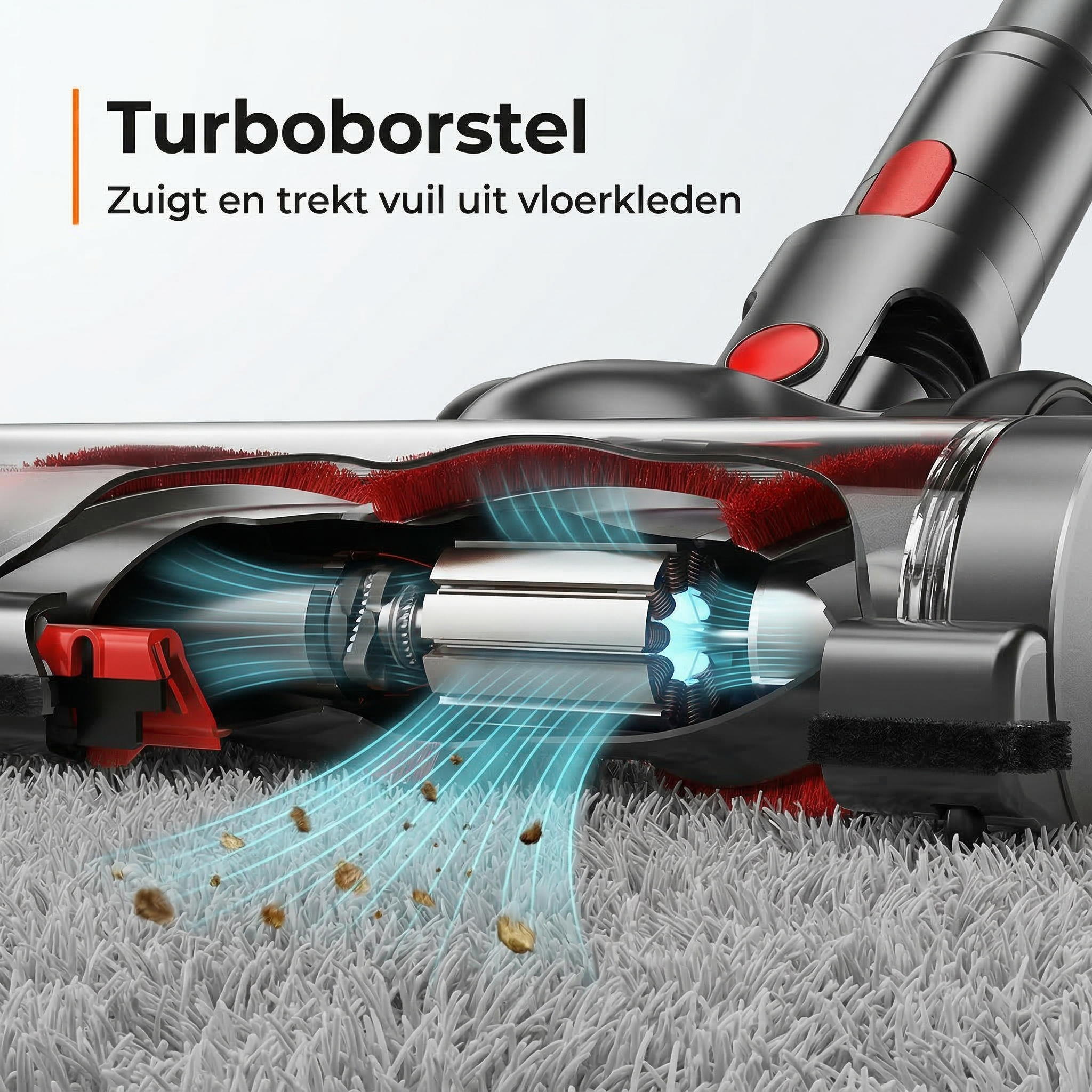 Turbobrush sucks dirt from carpets. Close-up of the vacuum head.