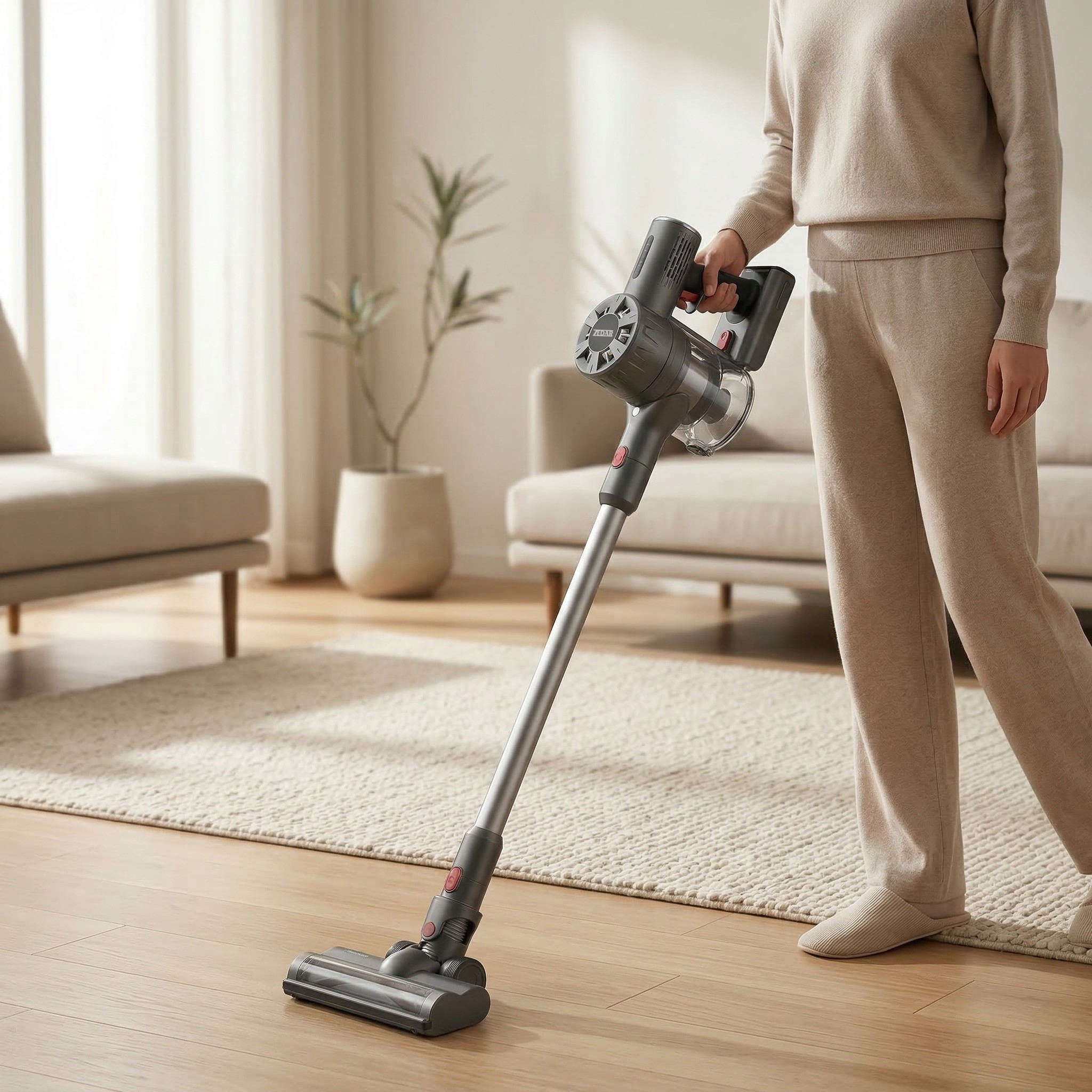 A person vacuums a carpet with a handheld vacuum cleaner in a living room.