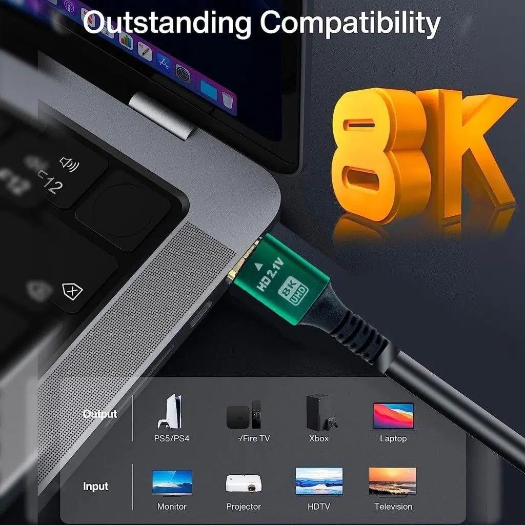 8K UHD HDMI kablosu bir dizüstü bilgisayarı bir ekrana bağlar. Konsollar, TV kutuları, dizüstü bilgisayarlarla uyumludur.