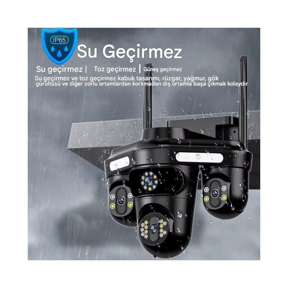 Yağmurda üç lensli siyah güvenlik kamerası, IP65 sertifikalı.