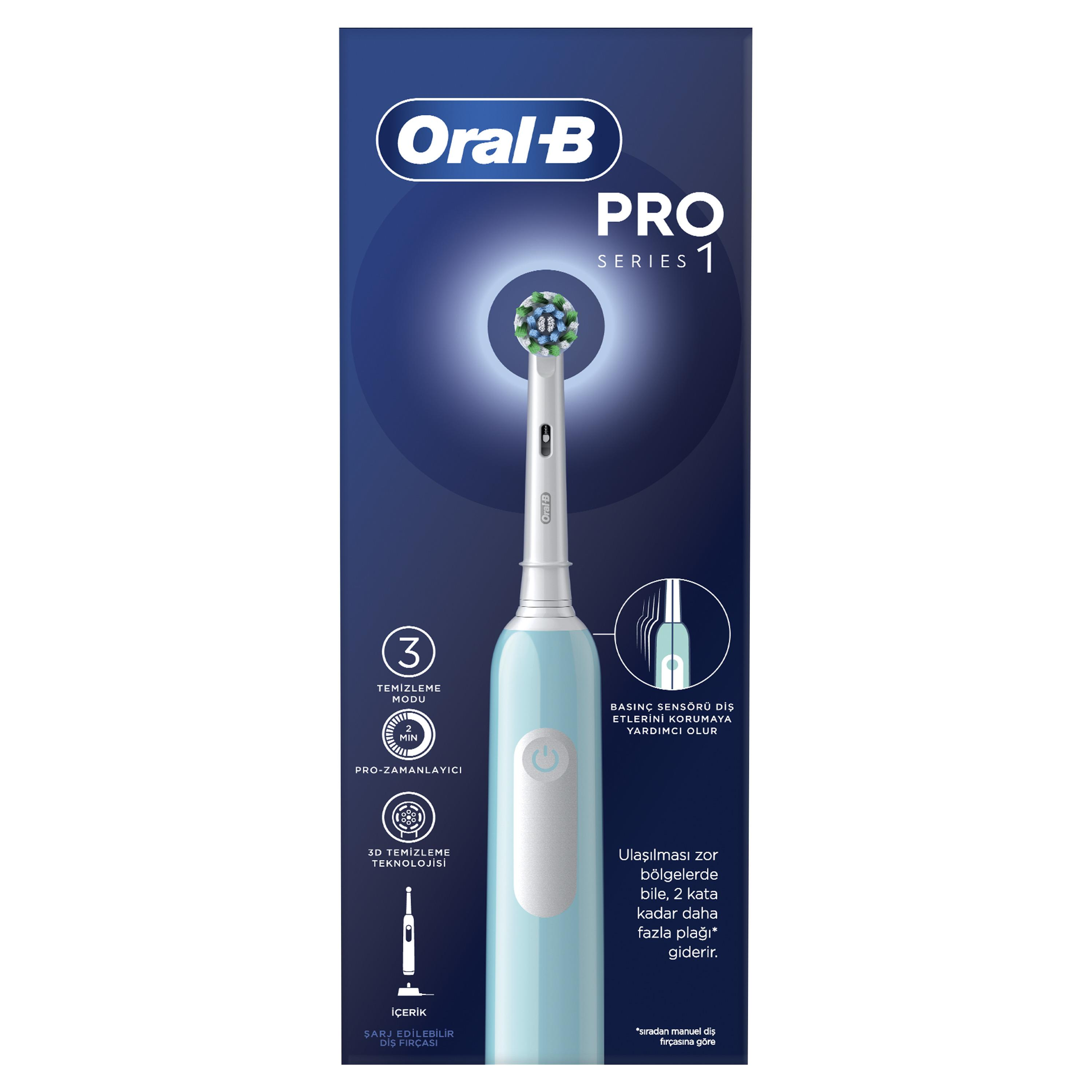 Açık mavi Oral-B Pro Series 1 elektrikli diş fırçası, yuvarlak fırça başlığı.