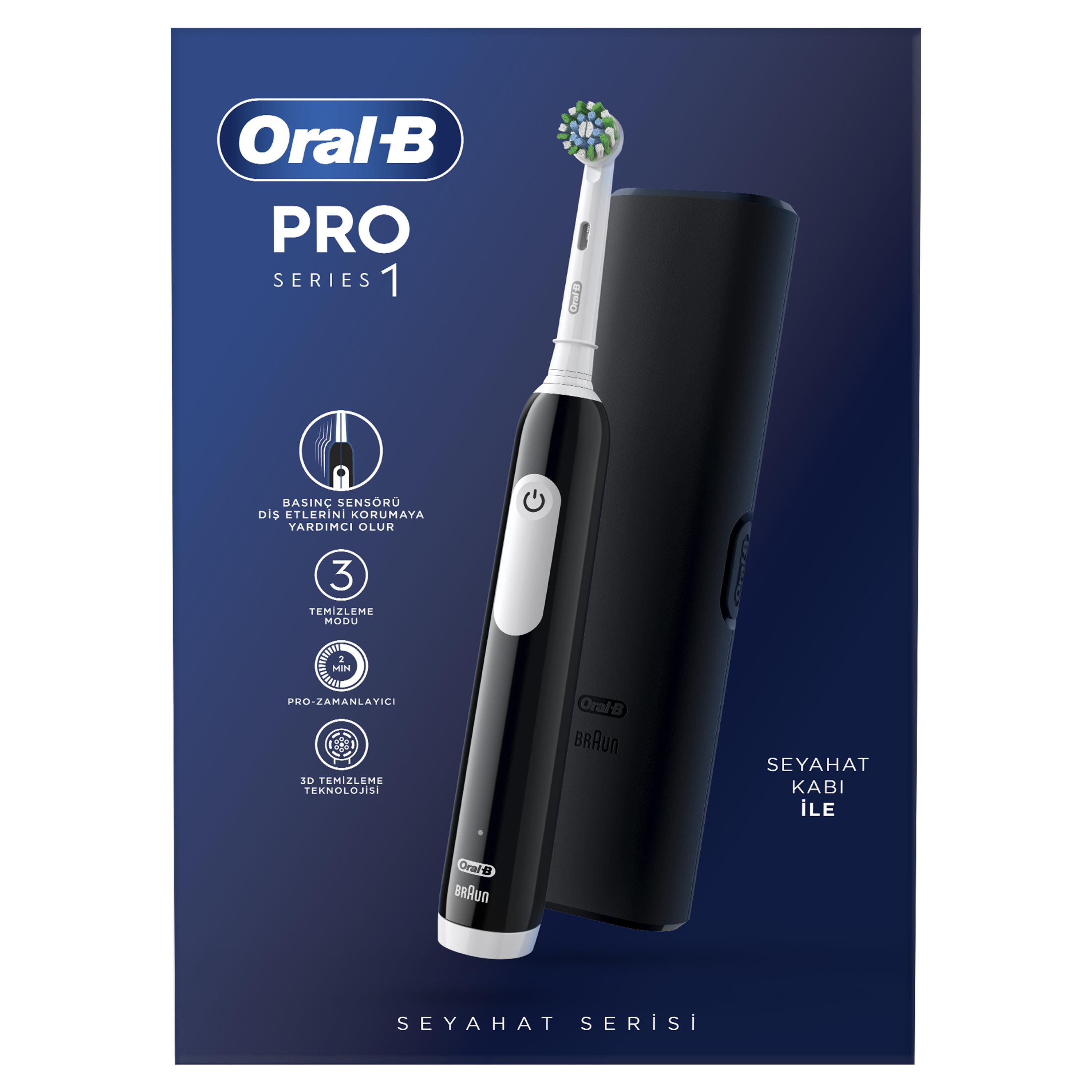 Şarj kutulu siyah Oral-B PRO Series 1 elektrikli diş fırçası.