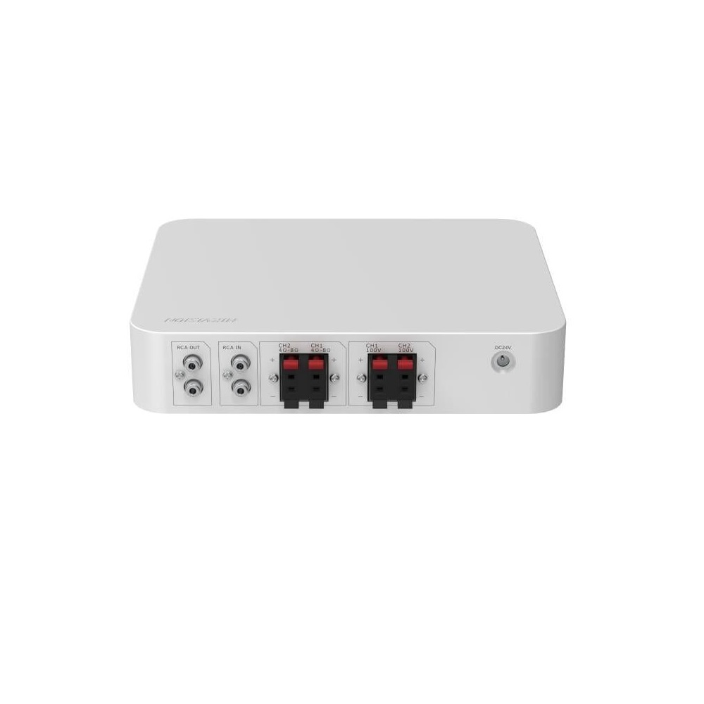 Un dispositivo de audio blanco con puertos RCA de entrada/salida, terminales de altavoz y entrada DC24V.