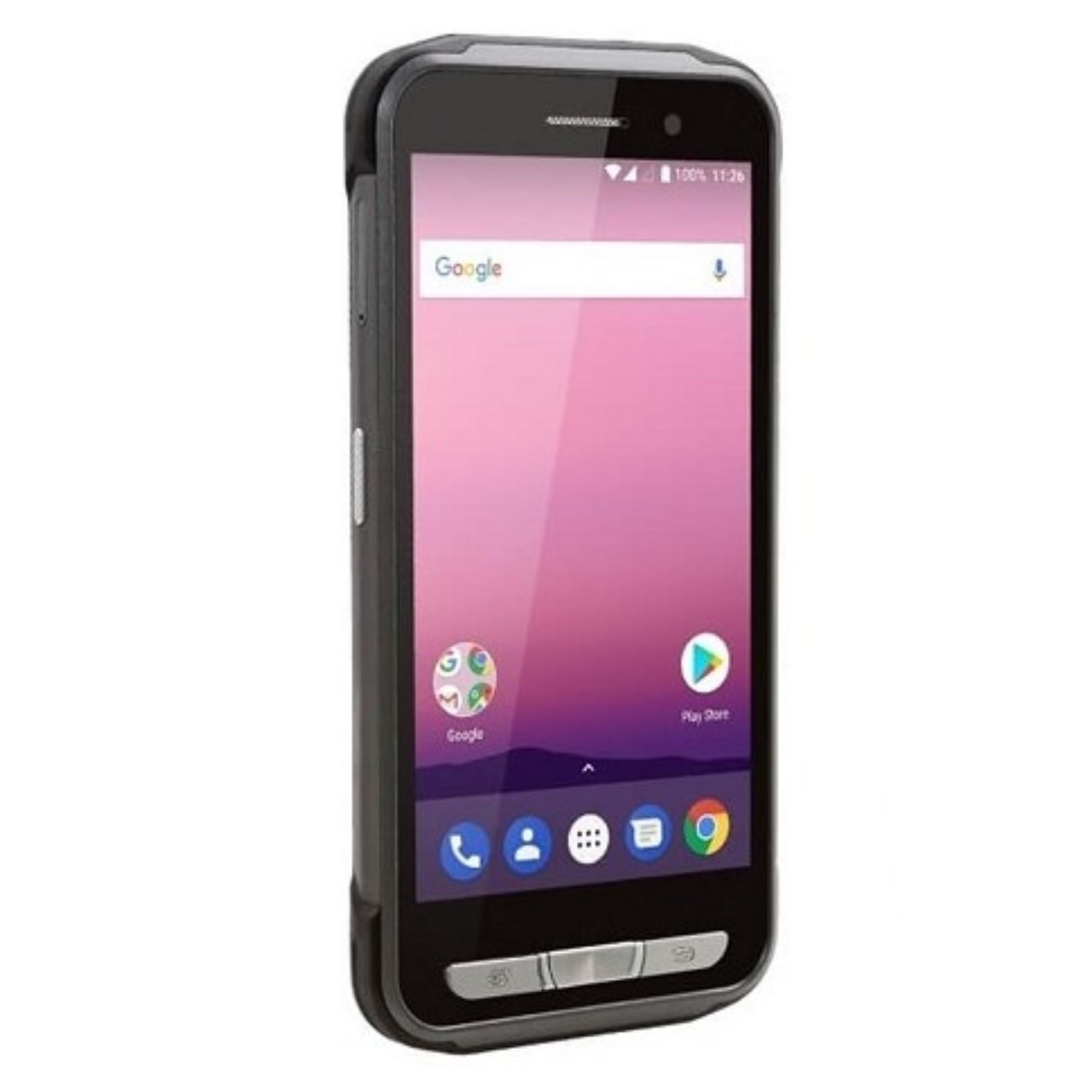 Google arama ve Play Store simgeleri gösteren sağlam bir akıllı telefon. Gri kasa.
