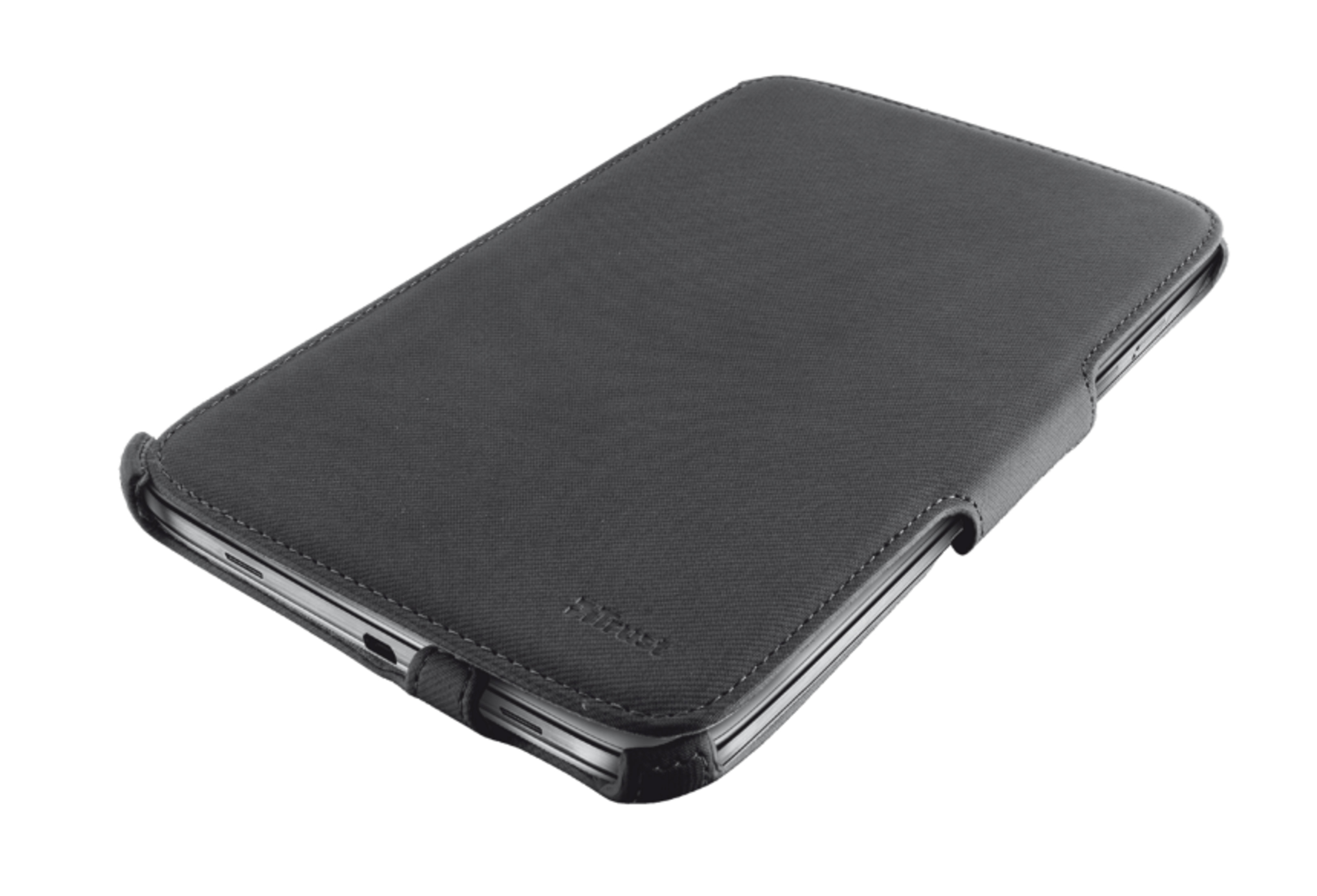 Koyu gri, kumaş tablet kılıfı dikişli, beyaz arka planda izole edilmiş.