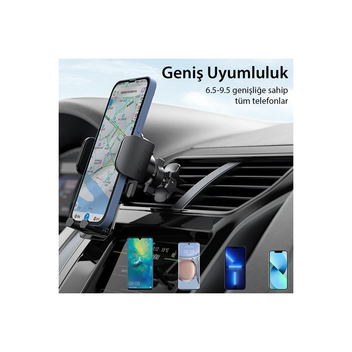 Navigasyon uygulaması gösteren bir akıllı telefon tutan araç telefonu tutucusu.