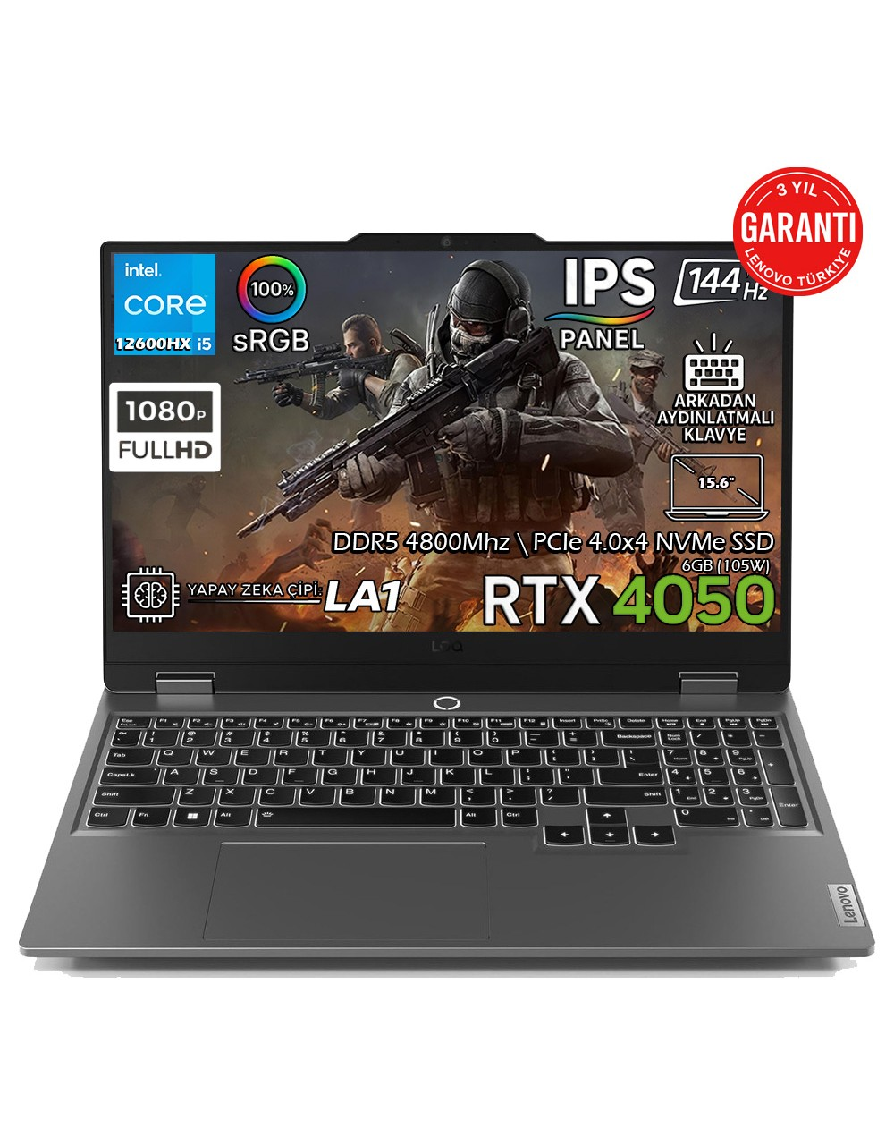 LENOVO LOQ 15IAX9 RTX4050 105 W Full HD 83GS00L8TRAT27 Intel Core™ i5-12600HX 32 GB RAM 512 GB SSD 15,6 inç FreeDOS Laptop Gri