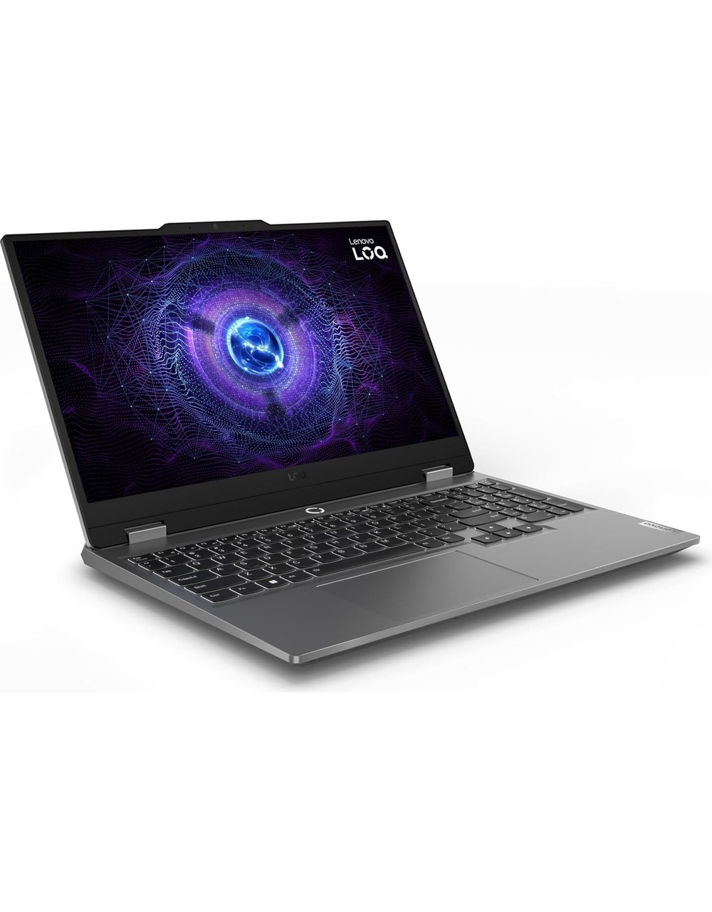 Ekranında soyut mor desen bulunan gri bir Lenovo dizüstü bilgisayar.